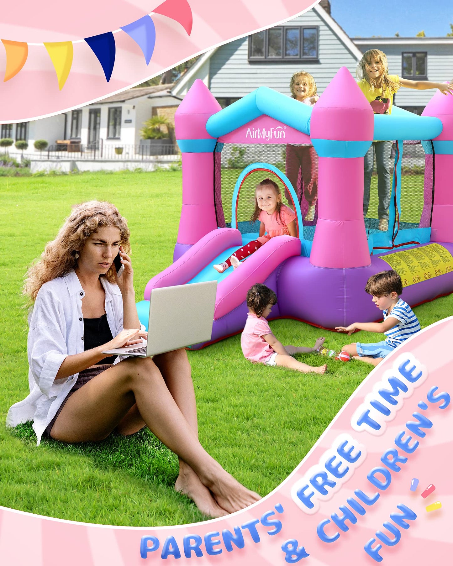 AirMyFun Pink Inflatable Toddler Bounce House with Blower – Indoor/Outdoor Jumping Castle for Kids 3-8 (82011B)