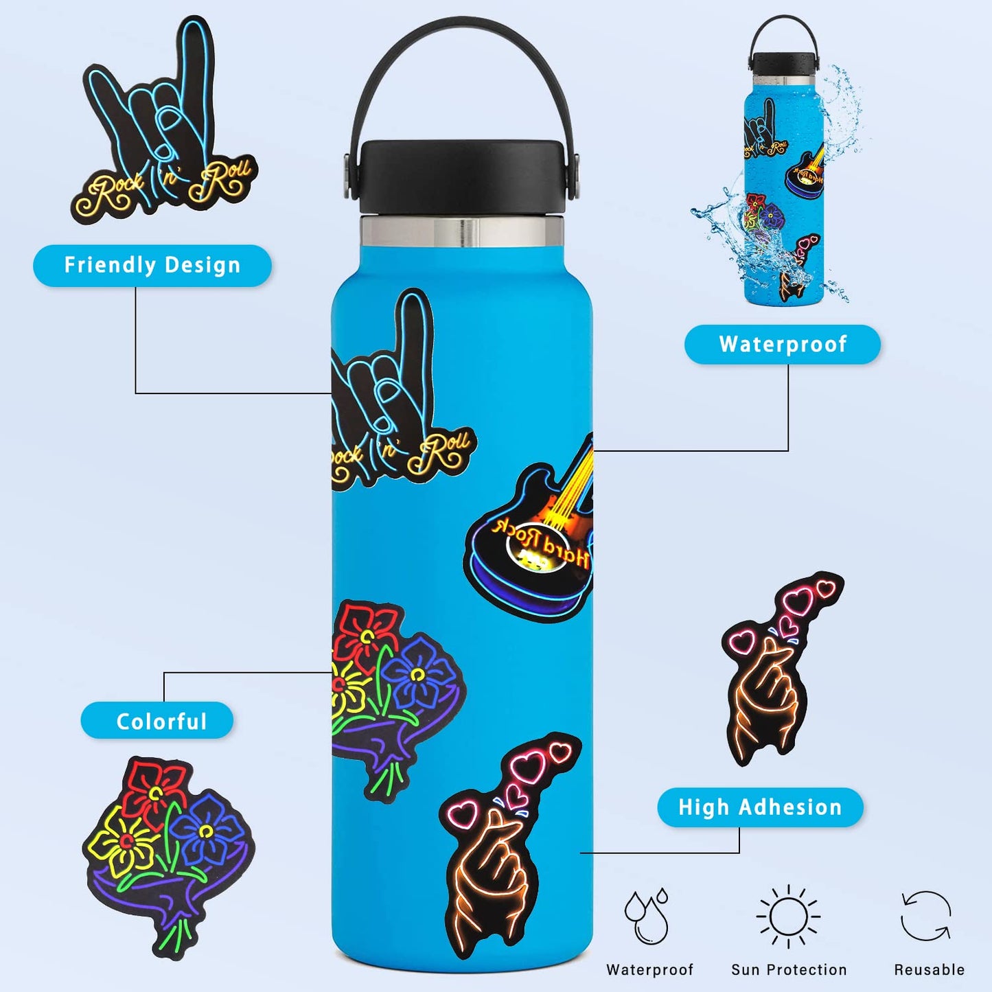 AIRNOGO Neon Water Bottle Stickers Pack – 200 Pcs Waterproof Vinyl Sticker Set for Bottles, Laptops, Luggage & Rewards