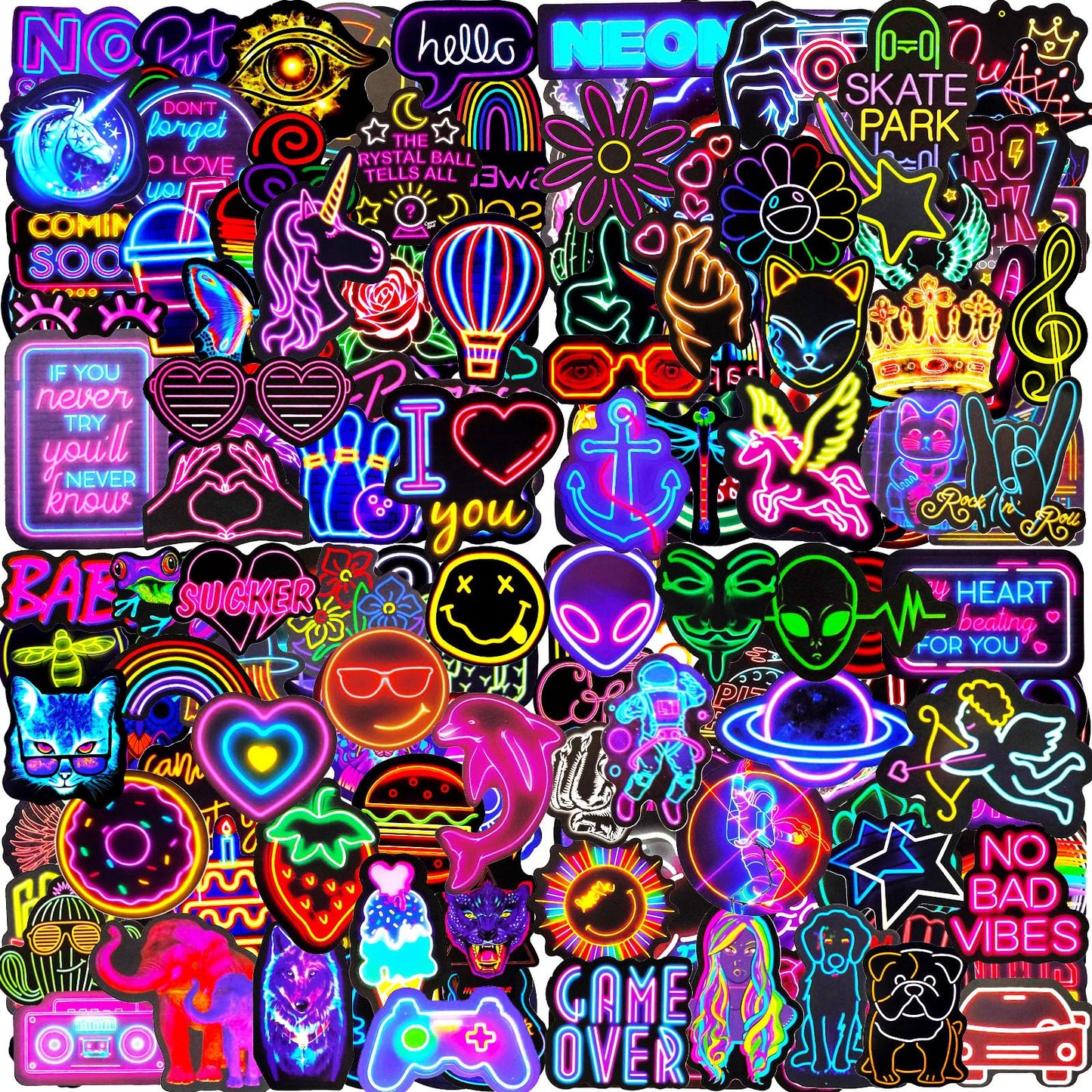 AIRNOGO Neon Water Bottle Stickers Pack – 200 Pcs Waterproof Vinyl Sticker Set for Bottles, Laptops, Luggage & Rewards