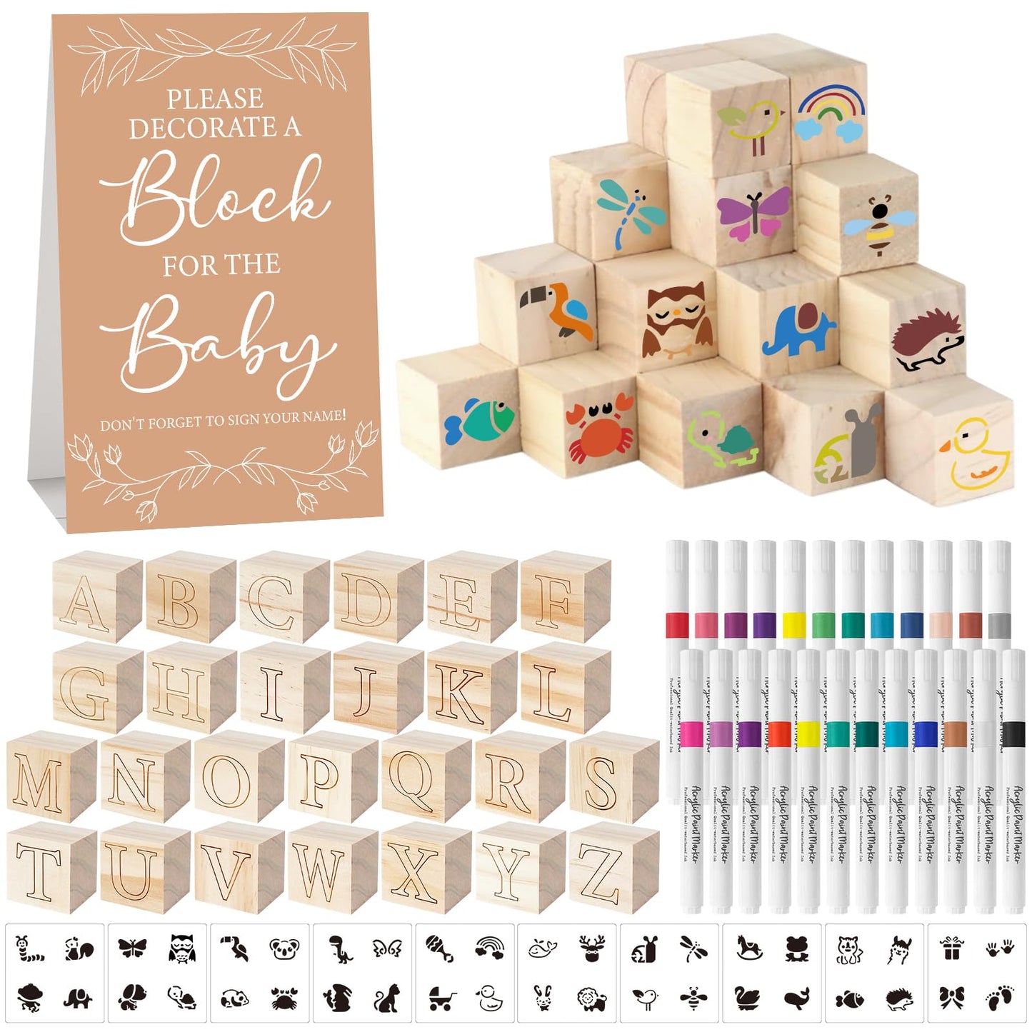 Aisharery 117 Pcs Baby Shower Blocks Kit – Kraft Edition with 52 Blocks, 24 Markers, 40 Templates