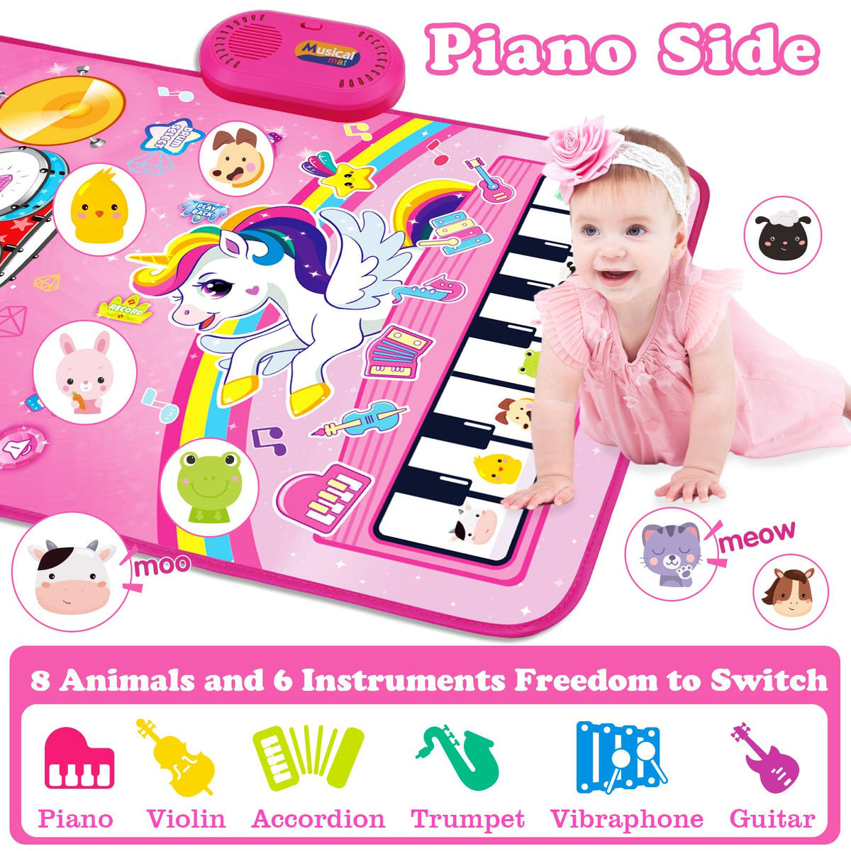 Aitbay 3-in-1 Unicorn Music Mat – Baby Piano Drum Toy for 12-36 Months | Interactive Toddler Gift