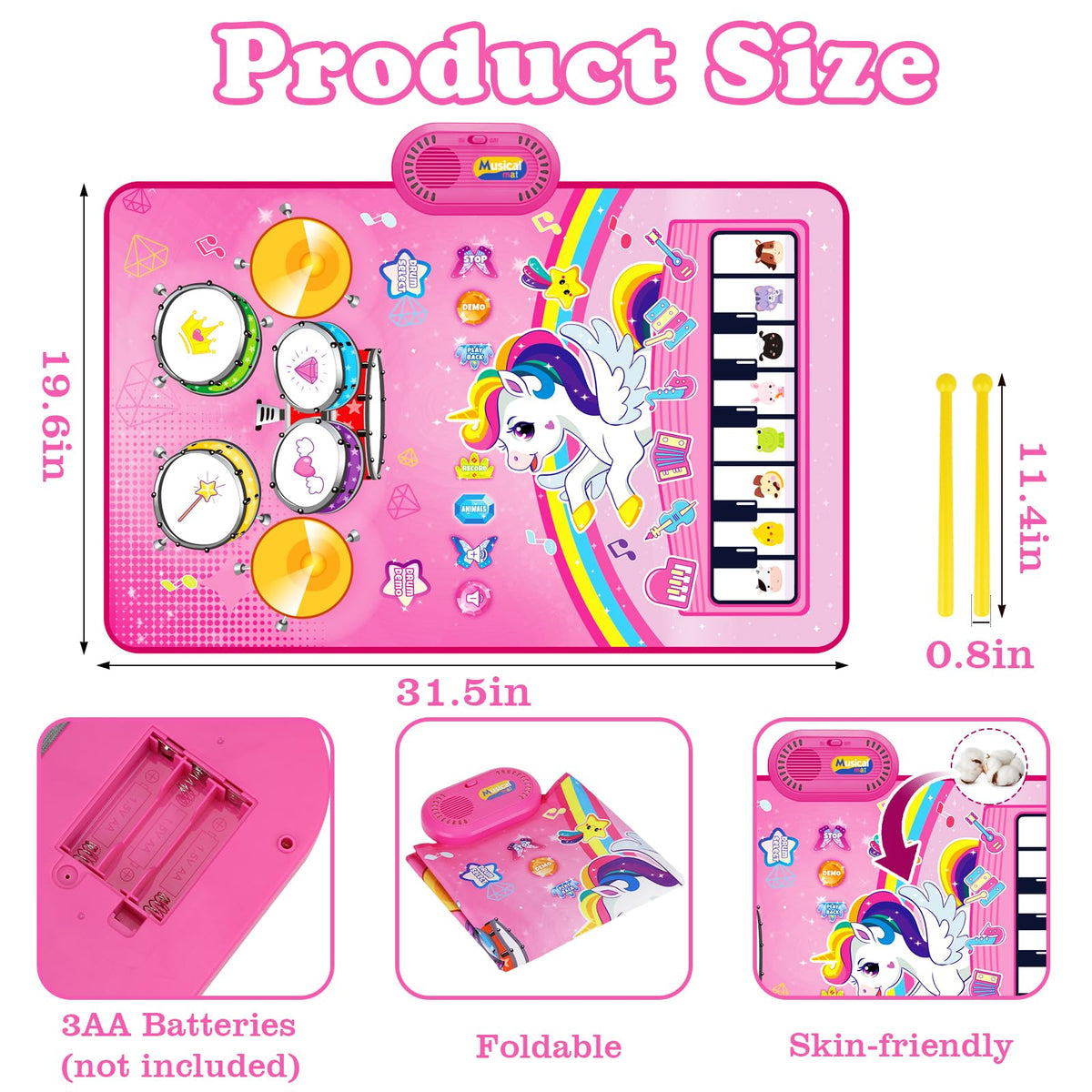 Aitbay 3-in-1 Unicorn Music Mat – Baby Piano Drum Toy for 12-36 Months | Interactive Toddler Gift