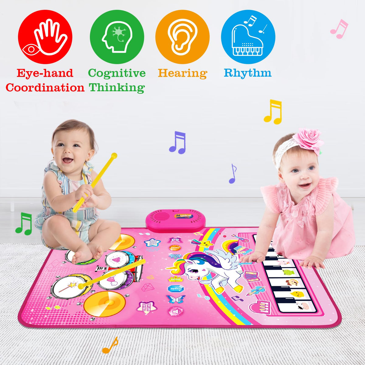 Aitbay 3-in-1 Unicorn Music Mat – Baby Piano Drum Toy for 12-36 Months | Interactive Toddler Gift
