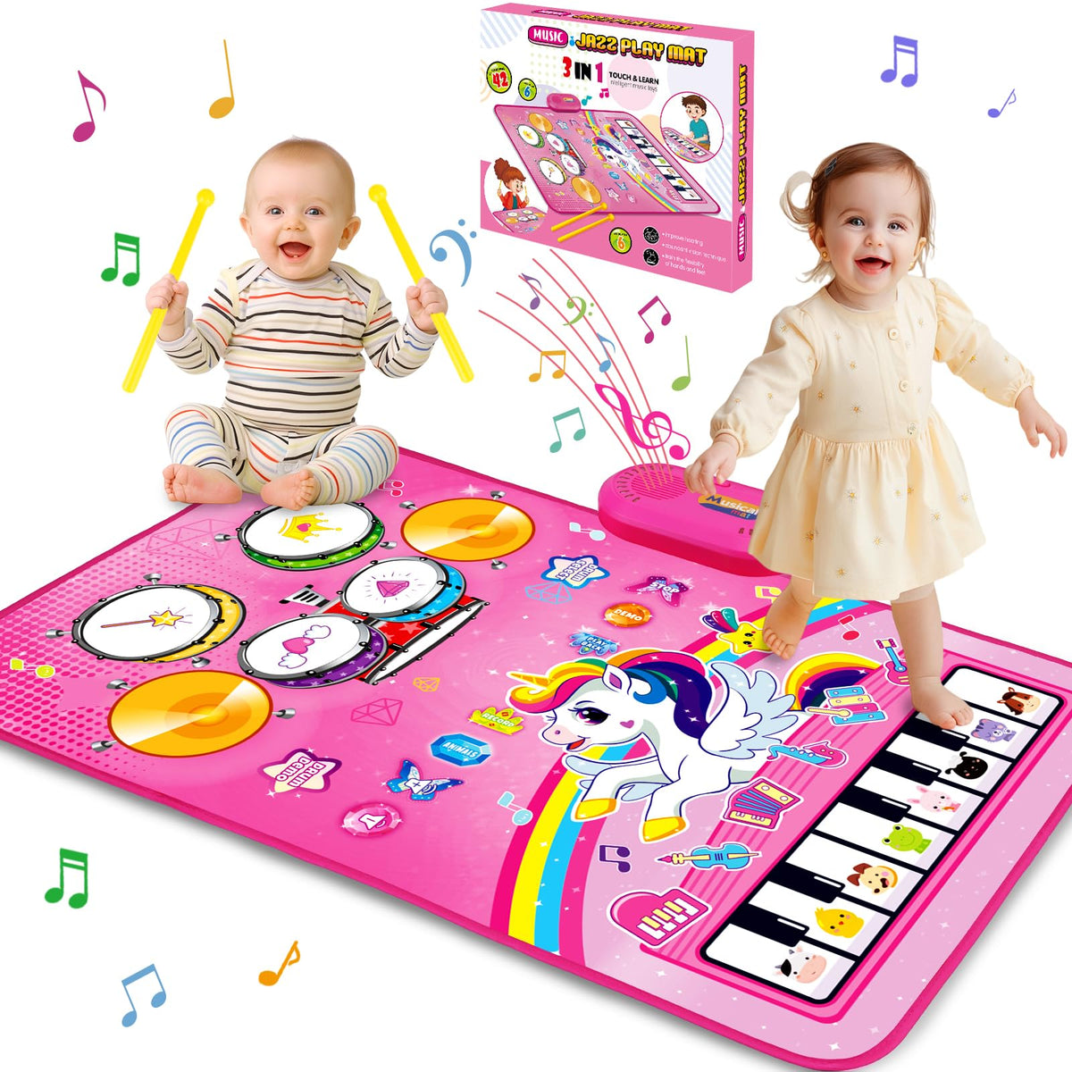 Aitbay 3-in-1 Unicorn Music Mat – Baby Piano Drum Toy for 12-36 Months | Interactive Toddler Gift