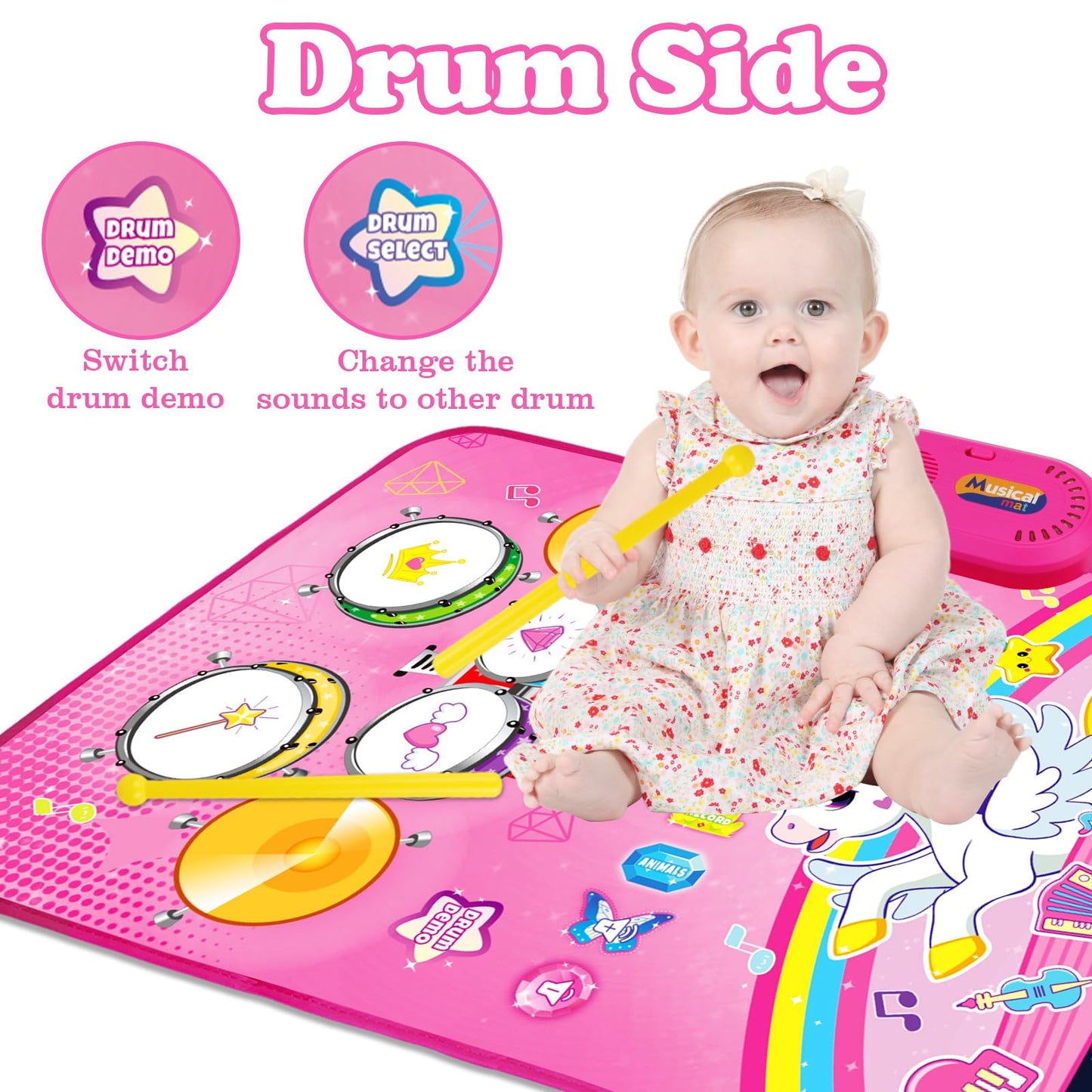 Aitbay 3-in-1 Unicorn Music Mat – Baby Piano Drum Toy for 12-36 Months | Interactive Toddler Gift