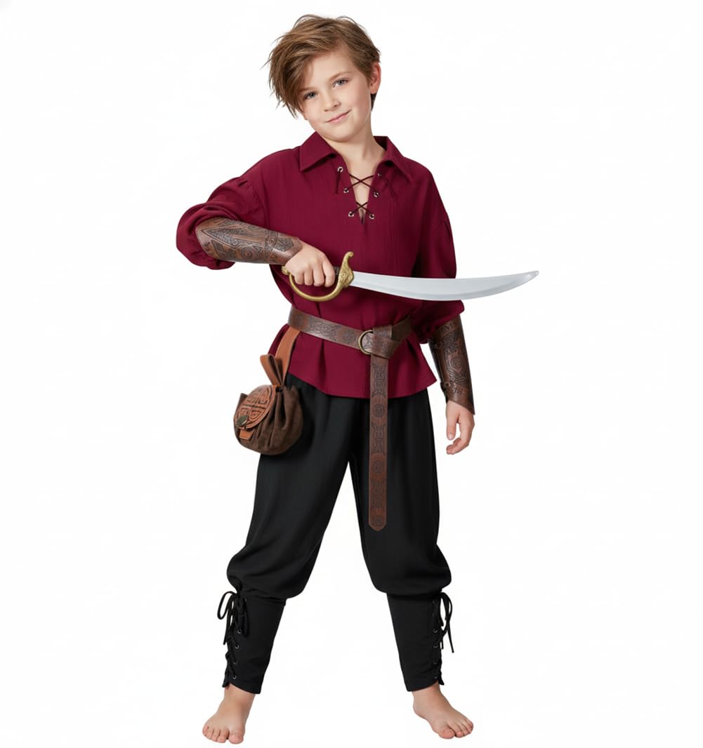 AITIPOO Kids Medieval Viking Pirate Renaissance Tunic Set (3-4T) – Red & Black
