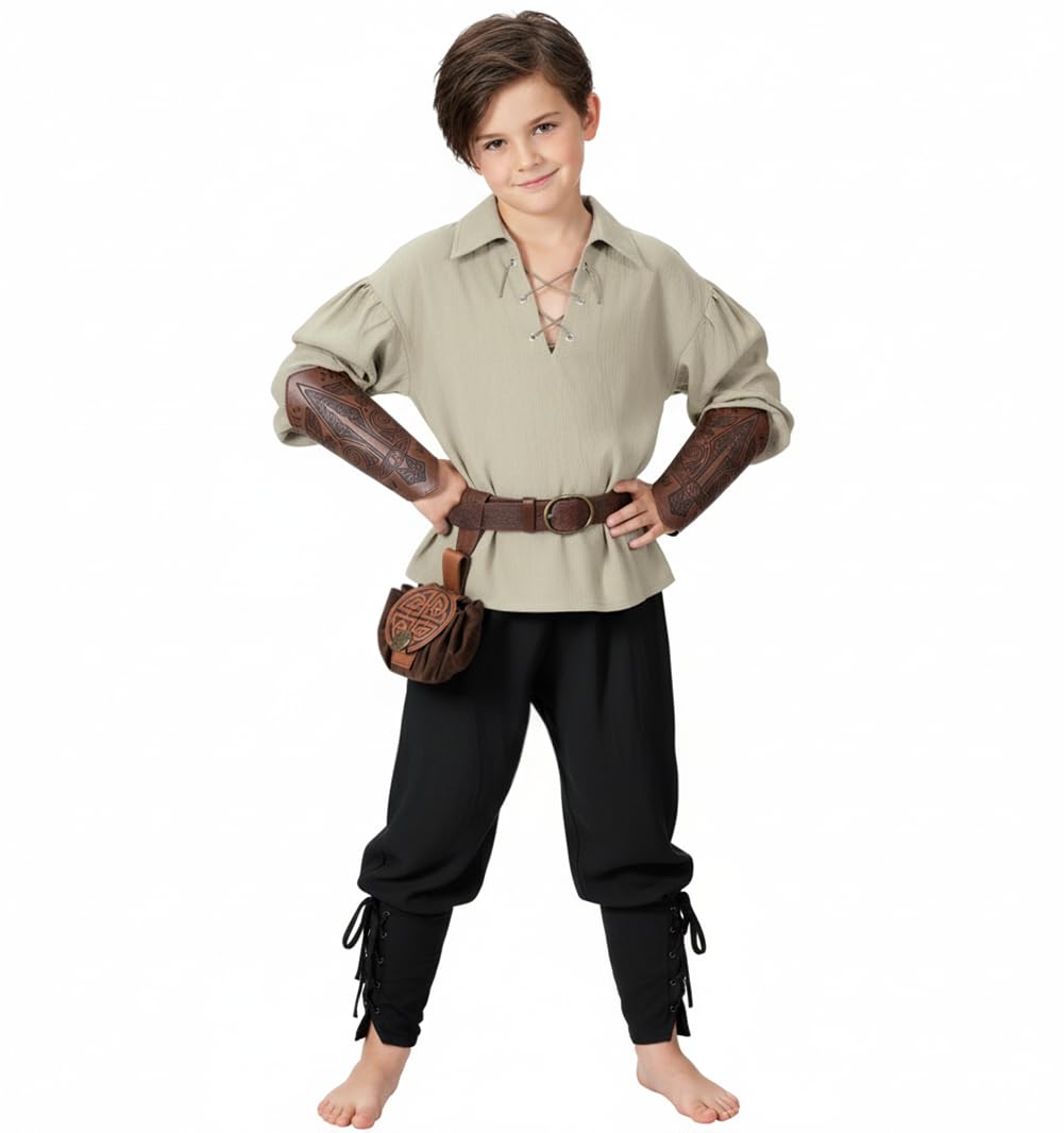 AITIPOO Kids Medieval Viking Pirate Costume — Tunic, Pants & Accessories for 10-12 Years