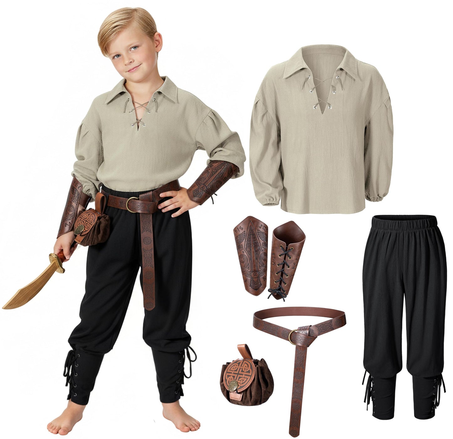 AITIPOO Kids Medieval Viking Pirate Costume — Tunic, Pants & Accessories for 10-12 Years