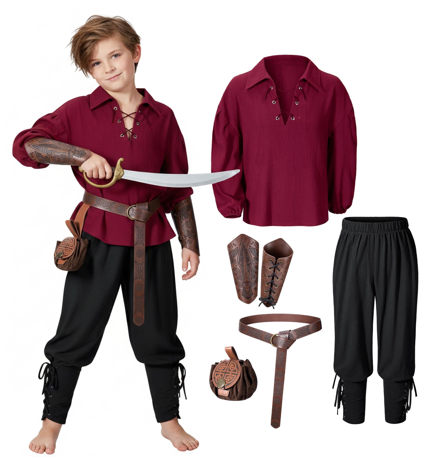 AITIPOO Kids Medieval Viking Pirate Renaissance Tunic Set (3-4T) – Red & Black