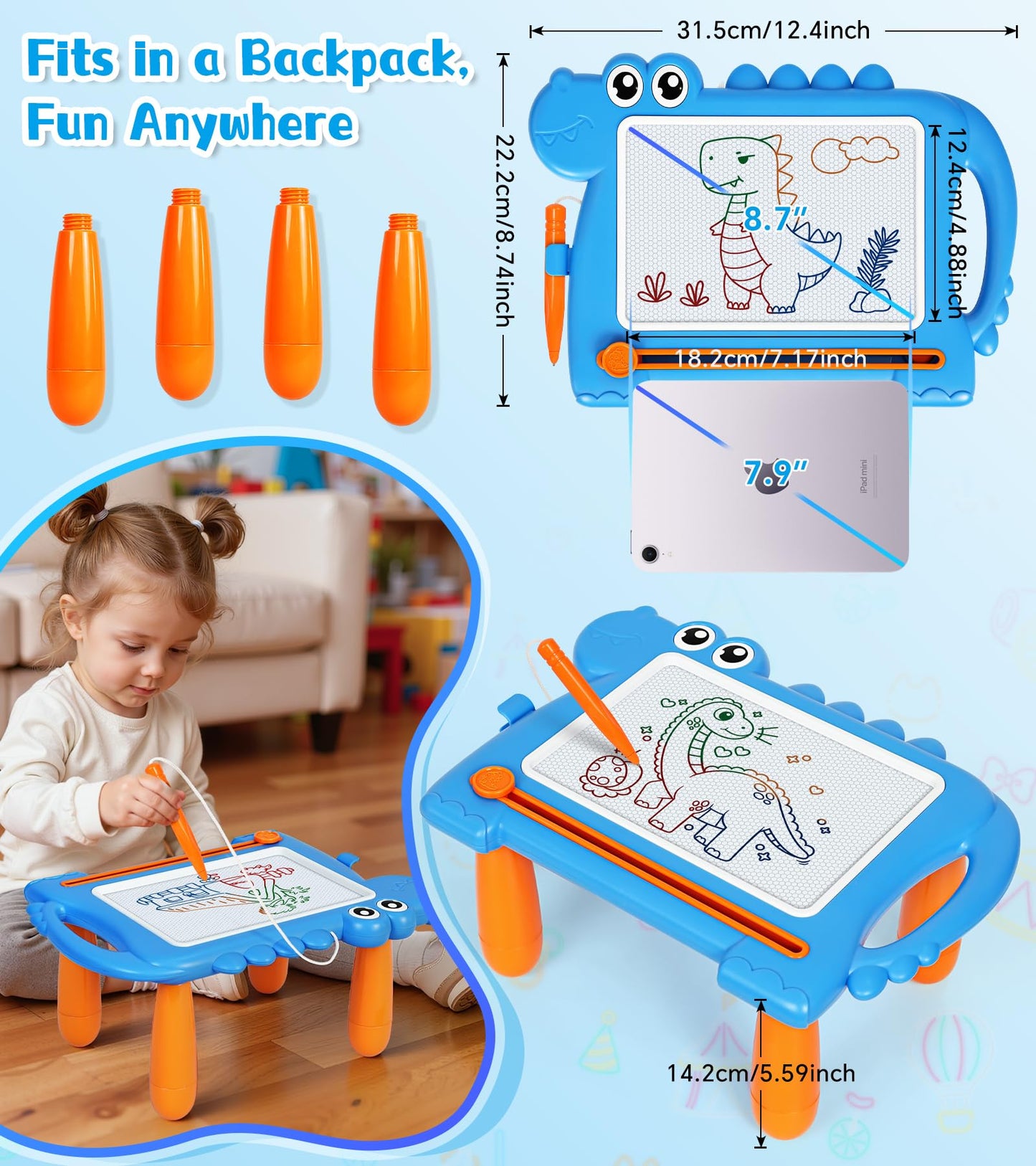 AiTuiTui Magnetic Drawing Board for Toddlers 1–3 — Dino Doodle with Detachable Legs & Carry Handle