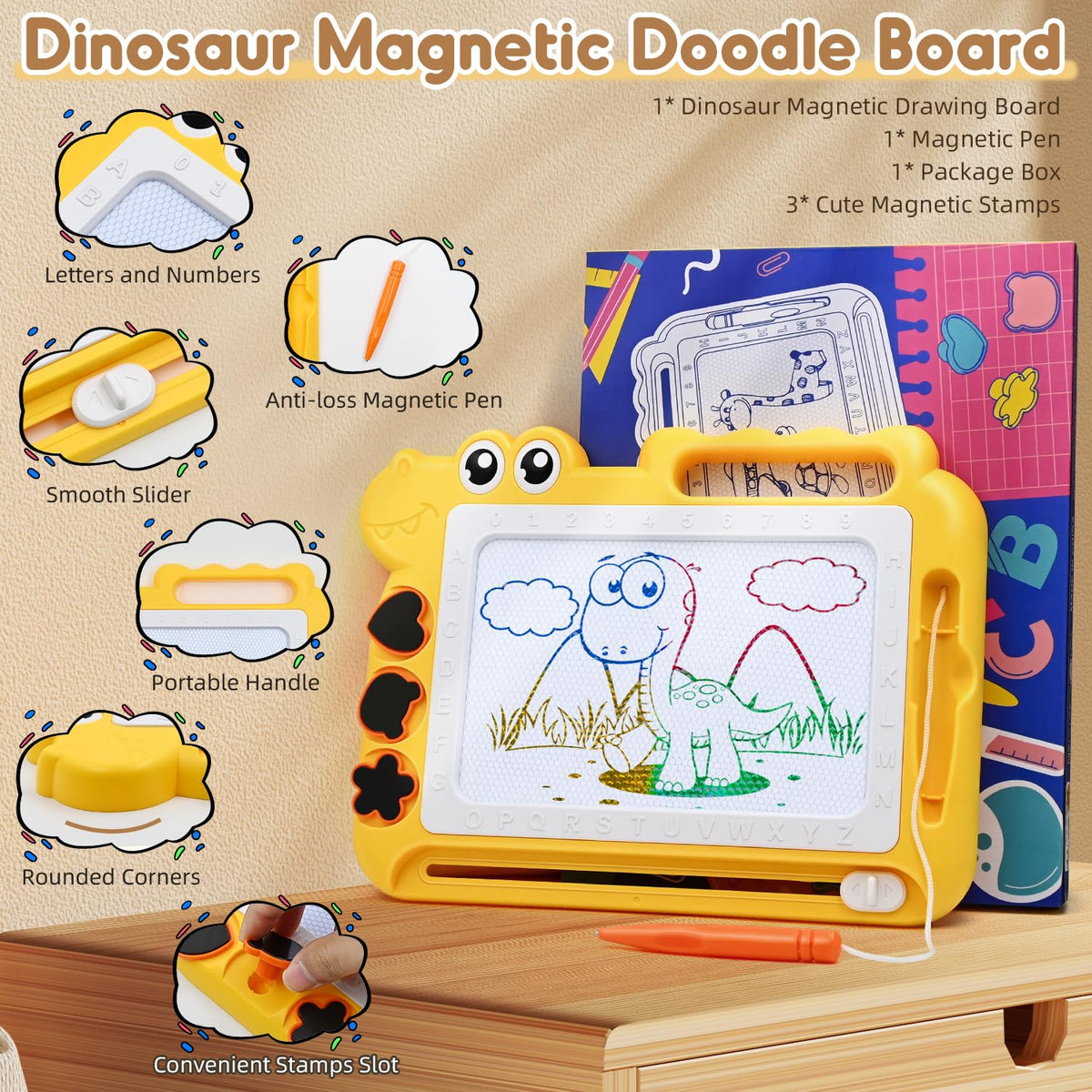 AiTuiTui Magnetic Drawing Board for Kids – Colorful Doodle Pad with Stamps, Travel-Friendly Educational Toy (Yellow)