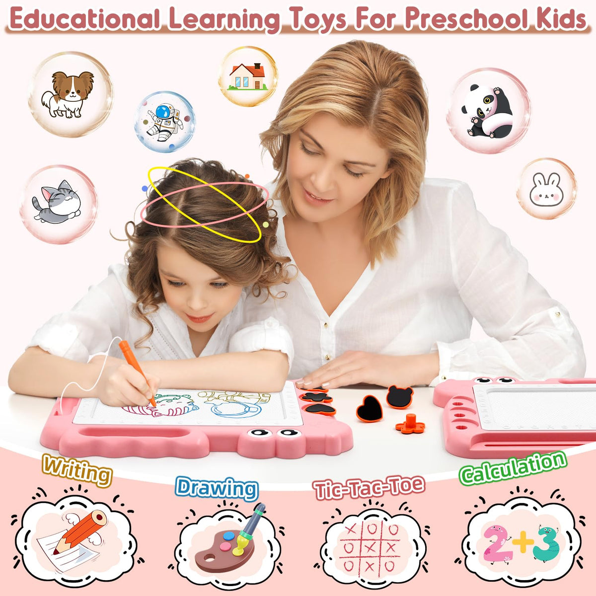 AiTuiTui Magnetic Drawing Board for Toddlers – Color Sketch Doodle Pad (Pink) | Mess-Free Travel Toy