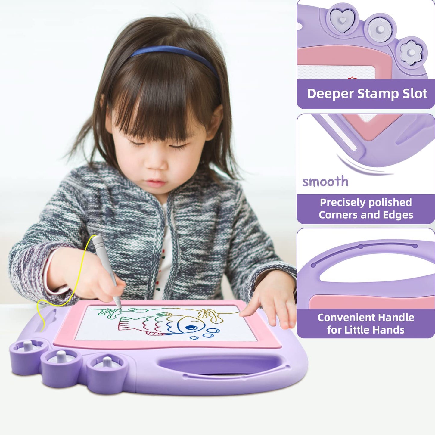 AiTuiTui Magnetic Drawing Board for Toddlers – Portable Erasable Doodle Pad with Stamps