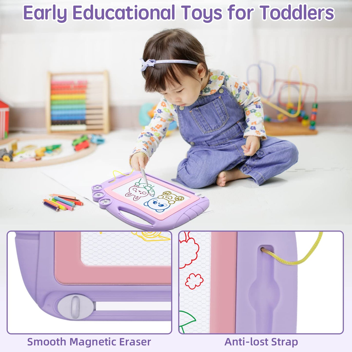 AiTuiTui Magnetic Drawing Board for Toddlers – Portable Erasable Doodle Pad with Stamps