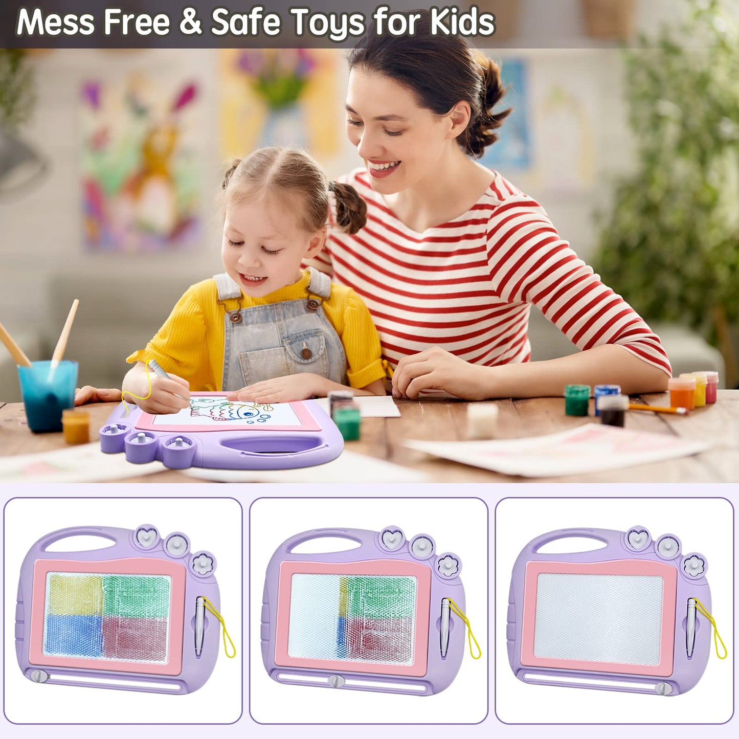 AiTuiTui Magnetic Drawing Board for Toddlers – Portable Erasable Doodle Pad with Stamps