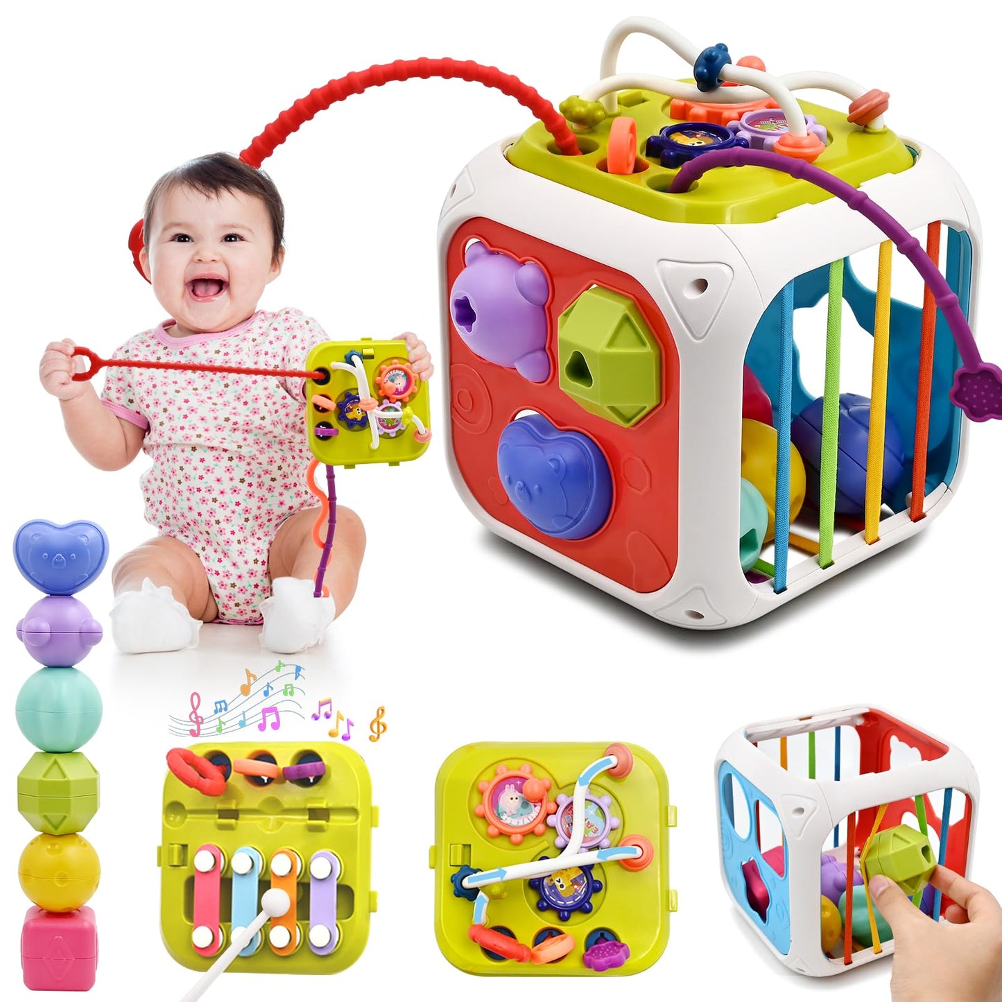 AiTuiTui 7-in-1 Montessori Activity Cube – Sensory, Shape Sorter & Bead Maze for Toddlers