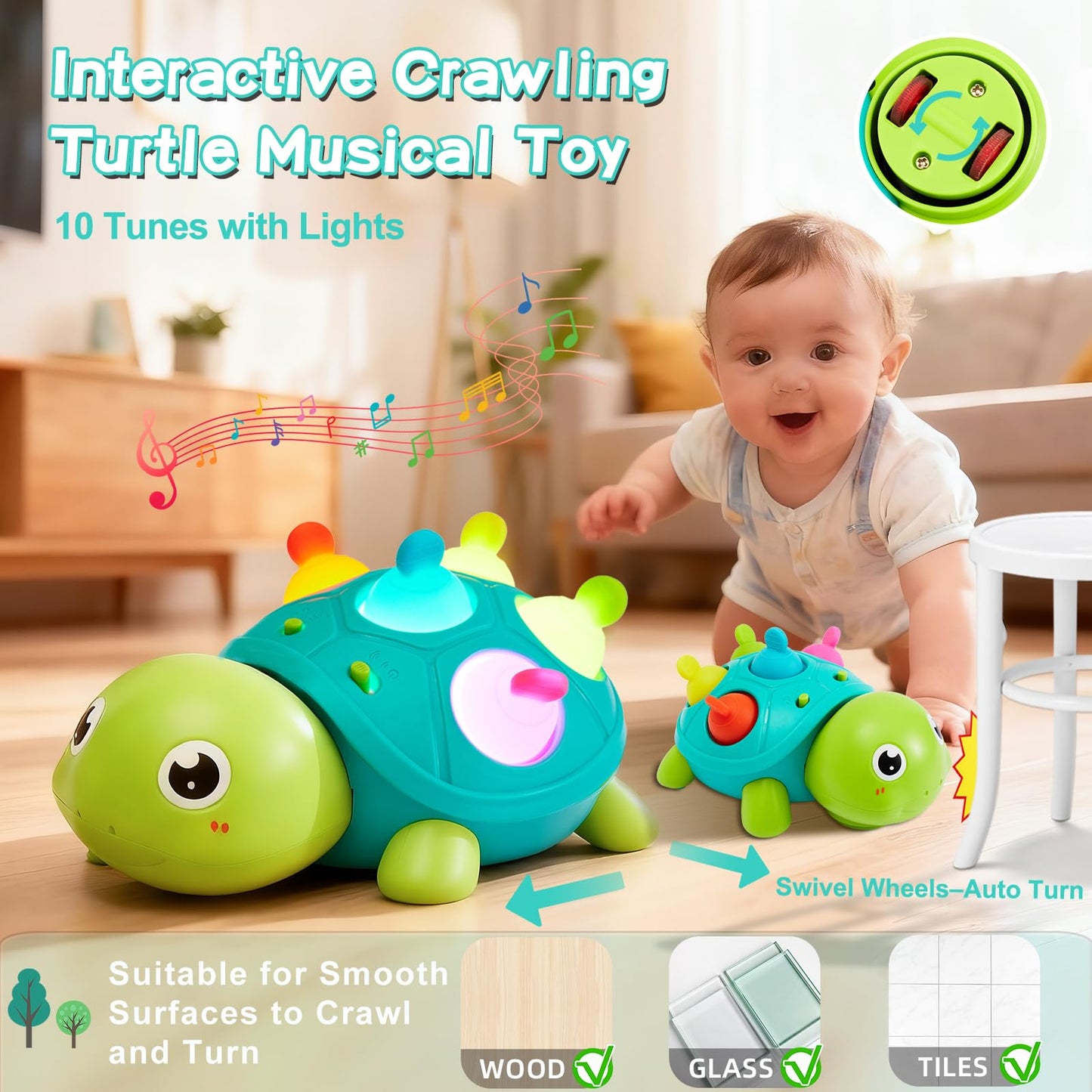 AiTuiTui Baby Crawling Turtle Toy – Sensory Teether, Lights & Music for Tummy Time (6–48M)