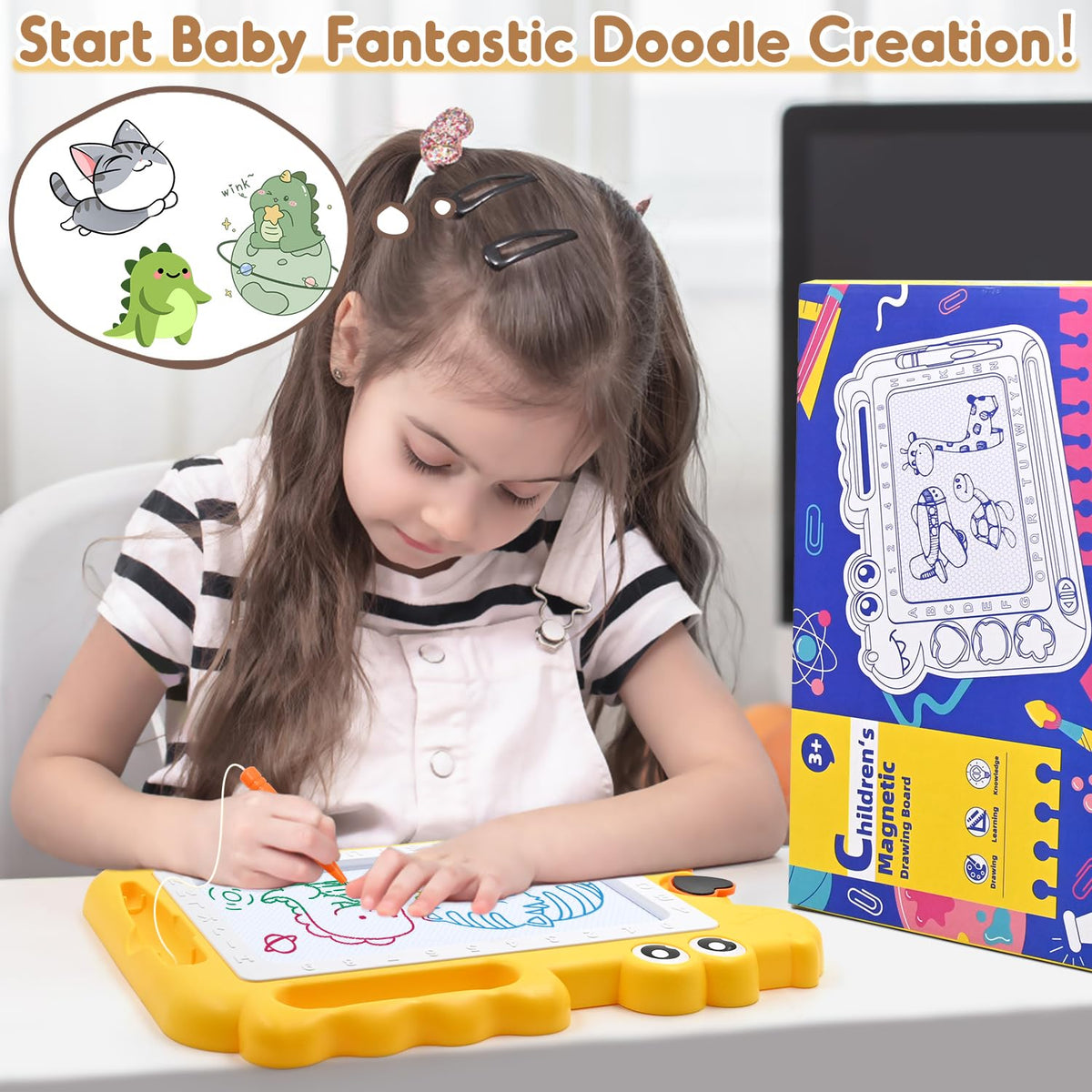 AiTuiTui Magnetic Drawing Board for Kids – Colorful Doodle Pad with Stamps, Travel-Friendly Educational Toy (Yellow)