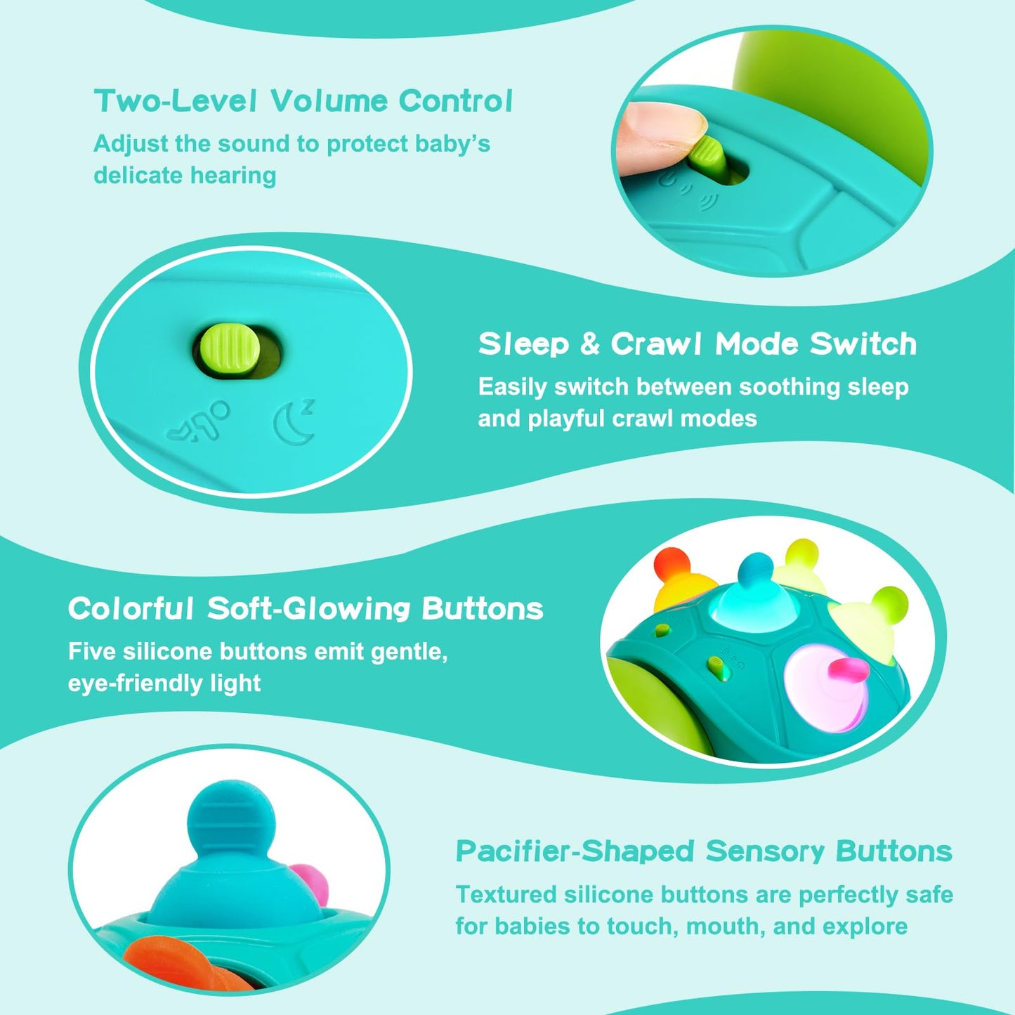 AiTuiTui Baby Crawling Turtle Toy – Sensory Teether, Lights & Music for Tummy Time (6–48M)