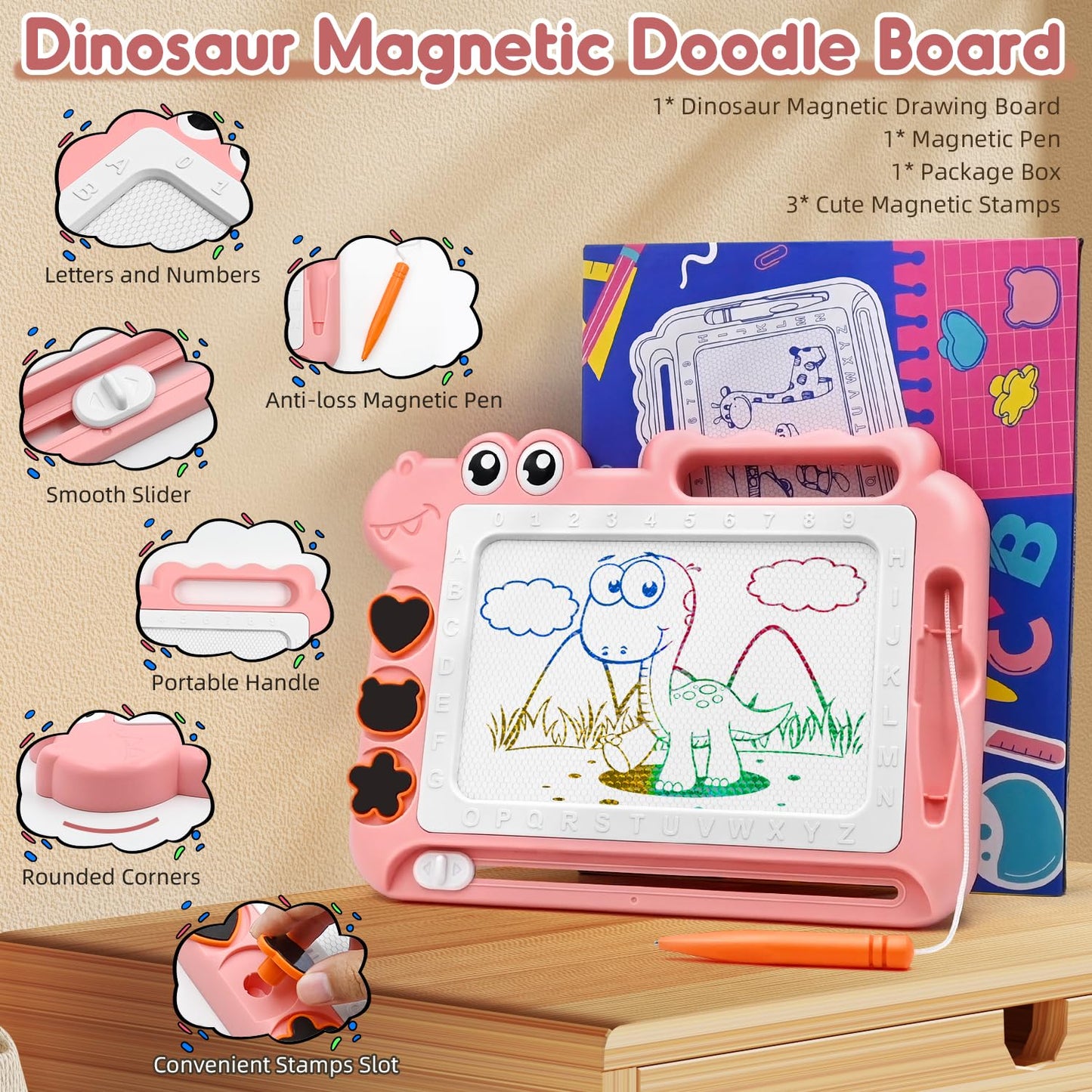AiTuiTui Magnetic Drawing Board for Toddlers – Color Sketch Doodle Pad (Pink) | Mess-Free Travel Toy
