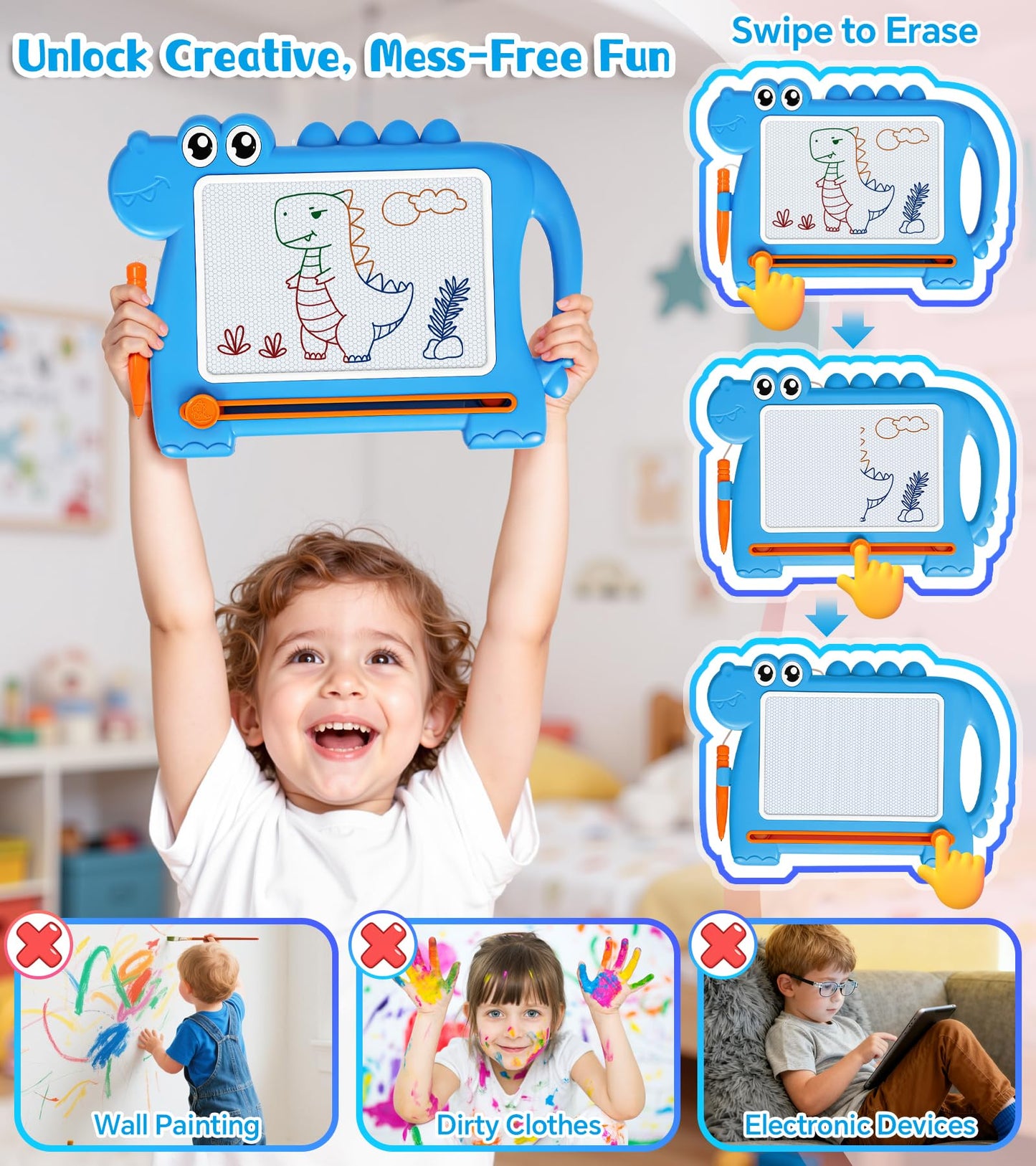 AiTuiTui Magnetic Drawing Board for Toddlers 1–3 — Dino Doodle with Detachable Legs & Carry Handle