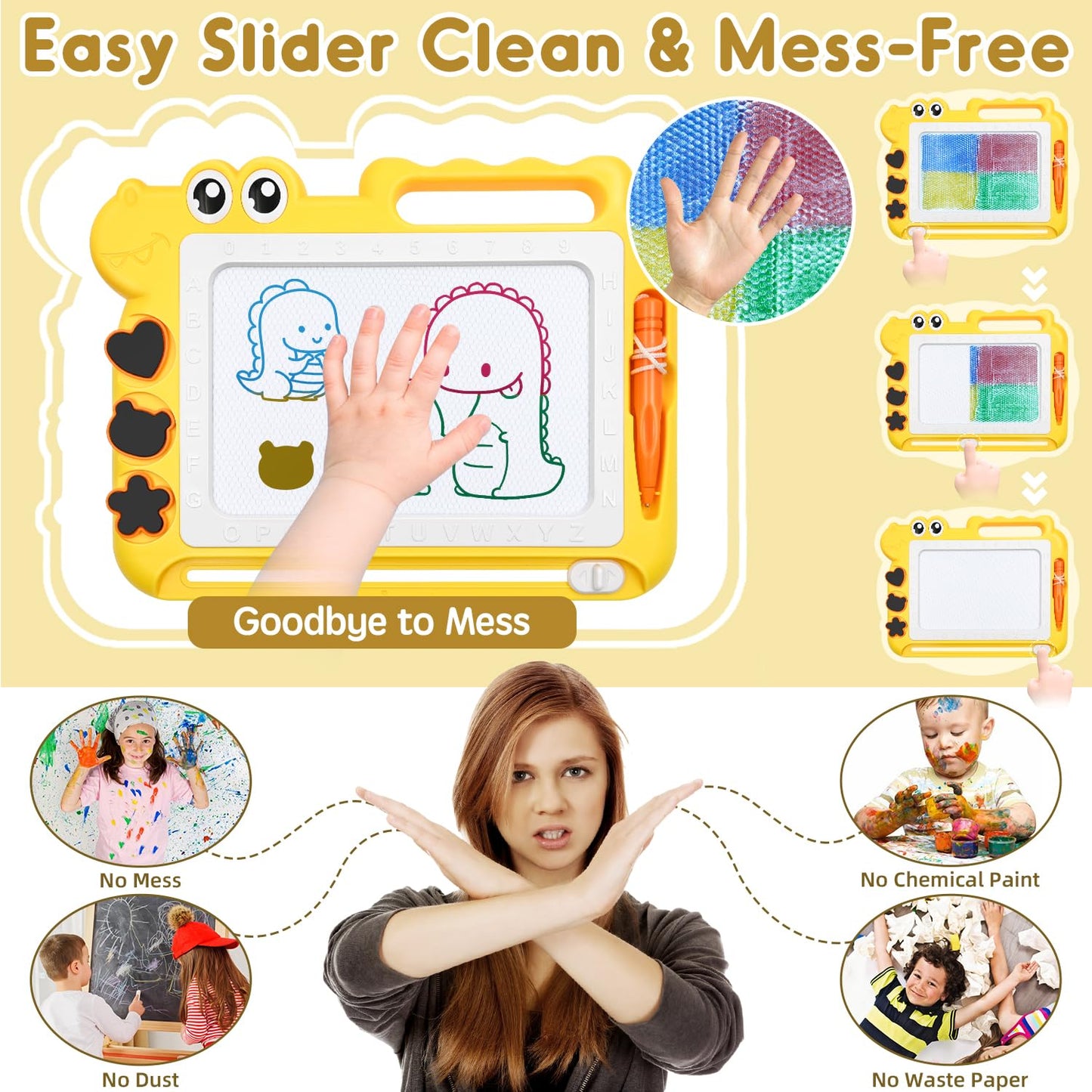 AiTuiTui Magnetic Drawing Board for Kids – Colorful Doodle Pad with Stamps, Travel-Friendly Educational Toy (Yellow)