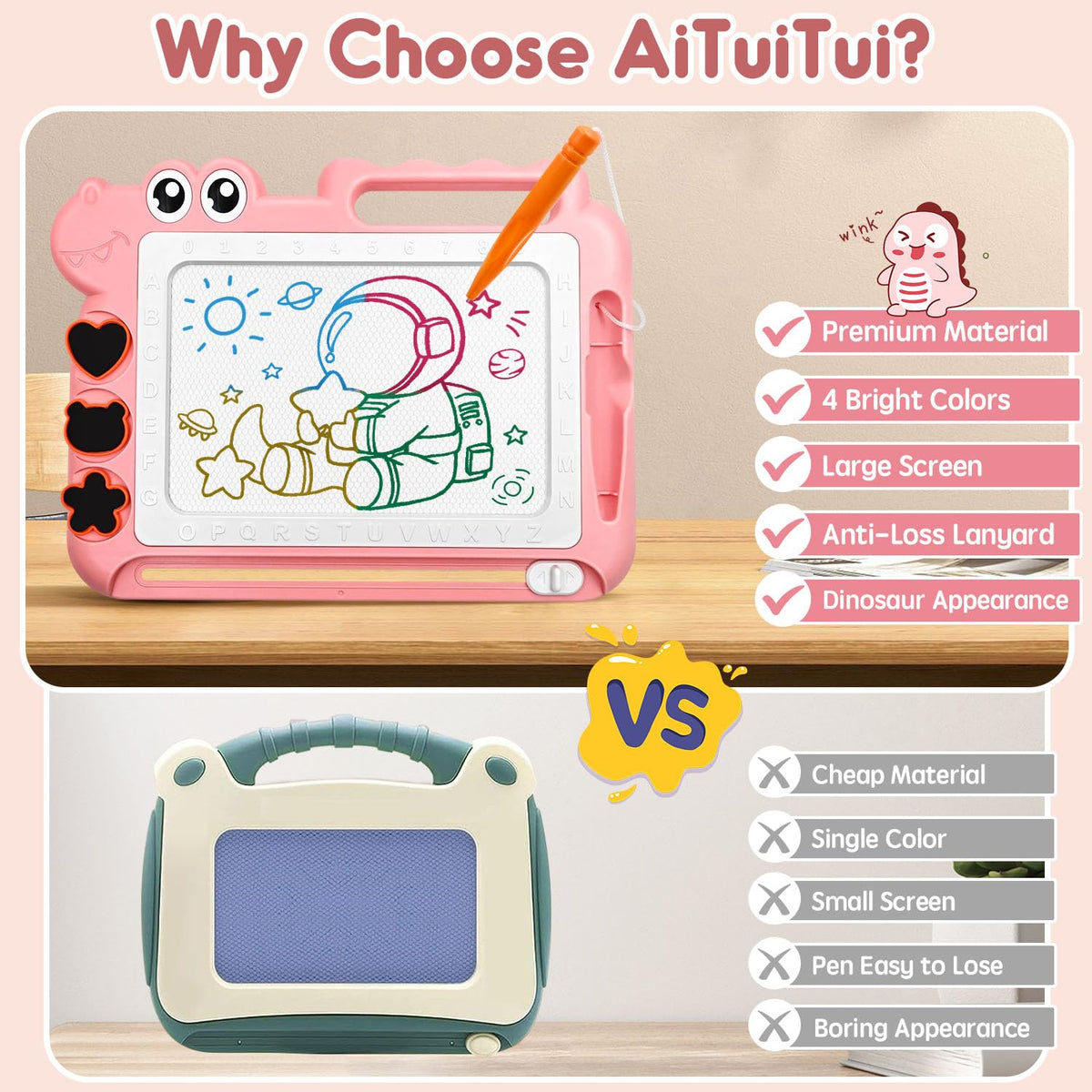 AiTuiTui Magnetic Drawing Board for Toddlers – Color Sketch Doodle Pad (Pink) | Mess-Free Travel Toy