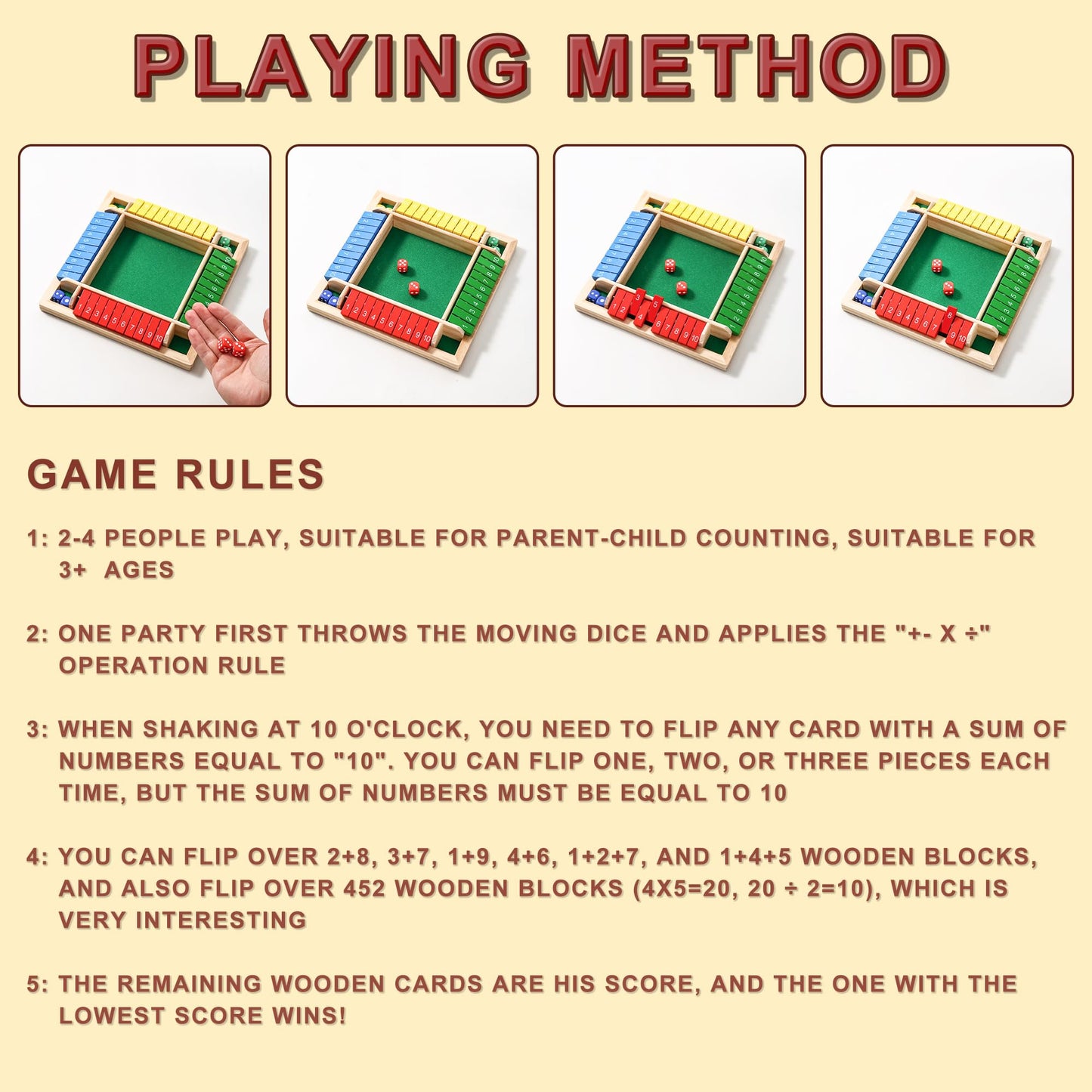AIUAZA Dice Game Shut The Box – Wooden Family Math Game for 2-4 Players