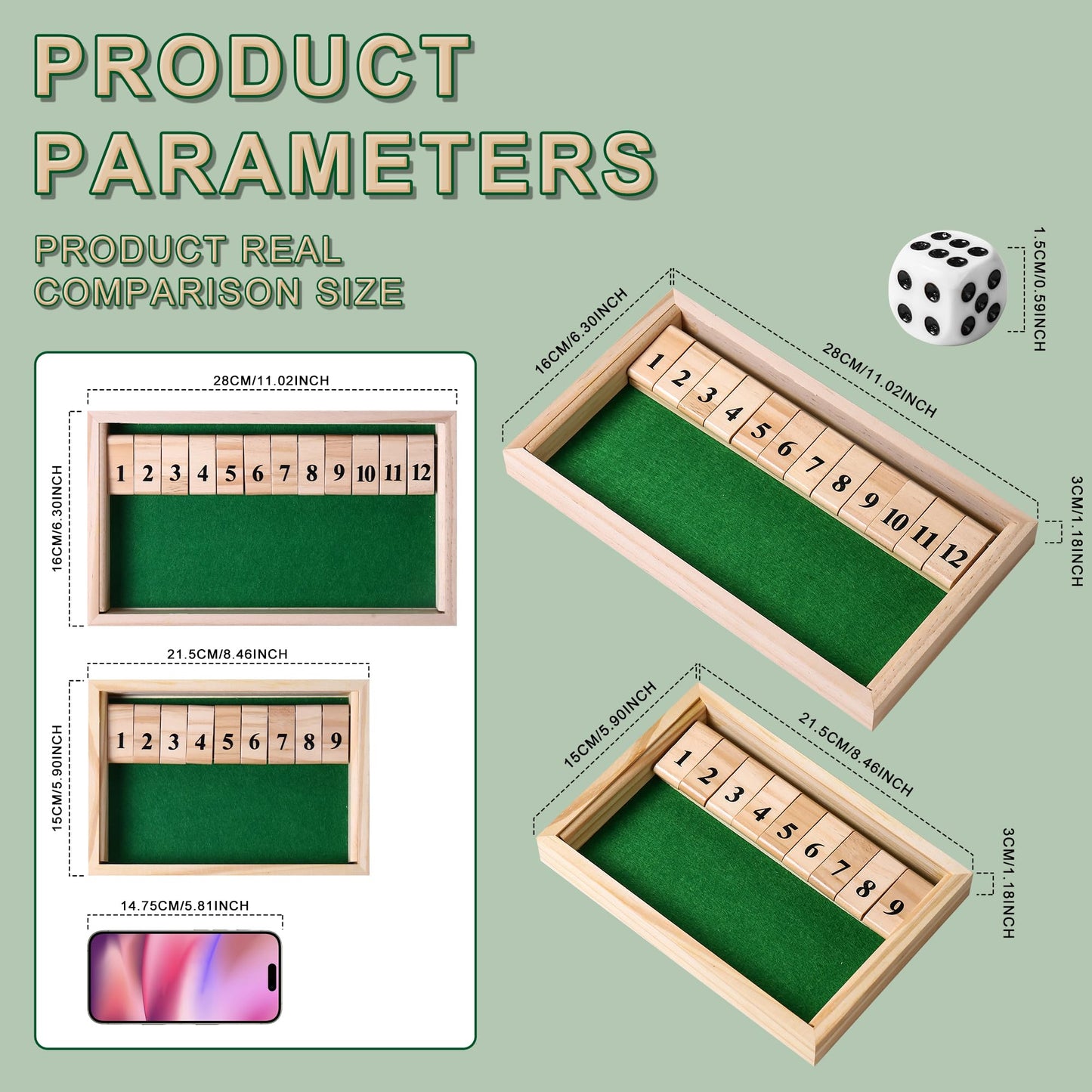 AIUAZA Shut The Box – Wooden 2-Player Dice Game for Travel & Bar Fun