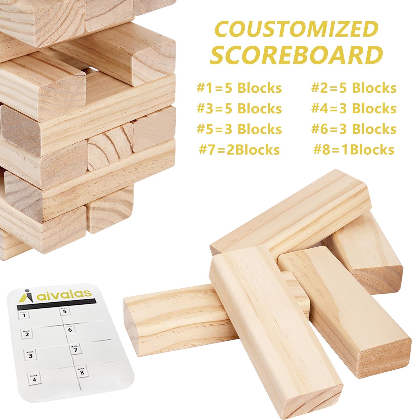 Aivalas Giant Tumble Tower – 60-Block Outdoor Wood Game with Carry Bag & Scoreboard