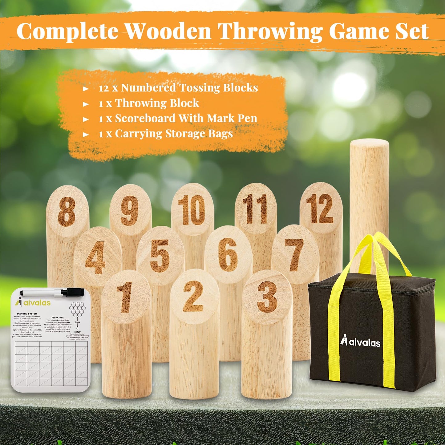 Aivalas Wooden Tossing Game Set – 12 Pcs, Scoreboard & Carrying Case | Outdoor Lawn & Beach Fun
