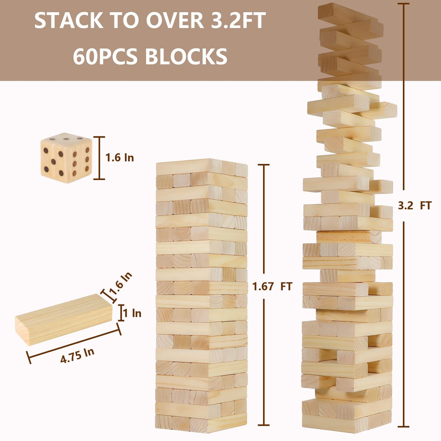 Aivalas Medium Tumble Tower 60PCS – Wooden Block Stacking Game for Indoor & Outdoor Fun