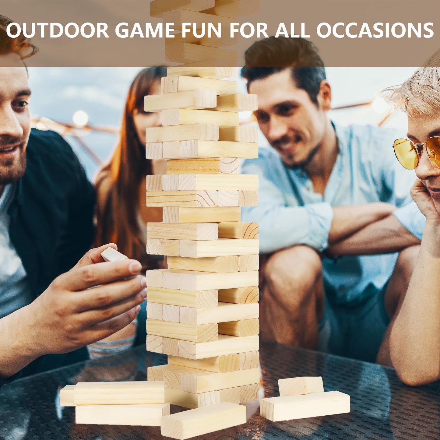 Aivalas Medium Tumble Tower 60PCS – Wooden Block Stacking Game for Indoor & Outdoor Fun