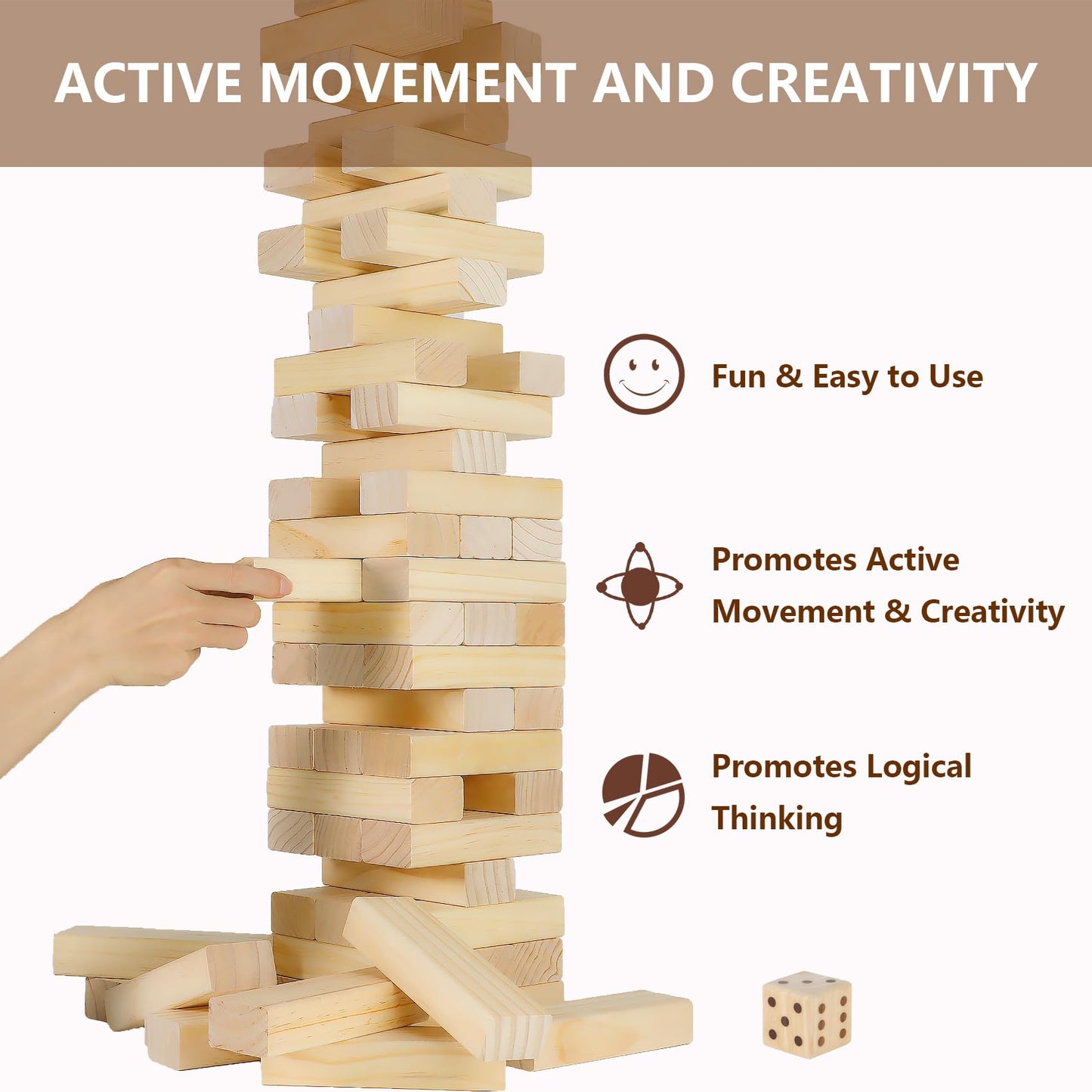 Aivalas Medium Tumble Tower 60PCS – Wooden Block Stacking Game for Indoor & Outdoor Fun