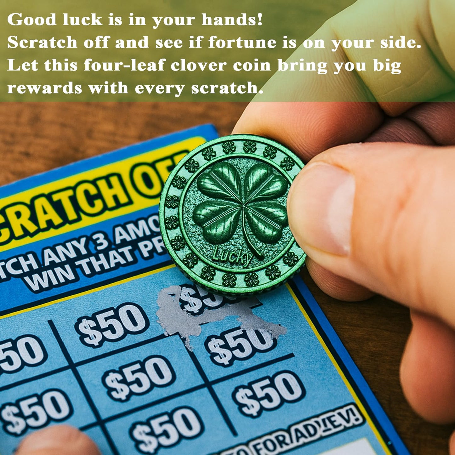 aiviwiai 2 Pack Lucky Lottery Scratcher Tool Keychain – Four Leaf Clover Coin with Leather Holder
