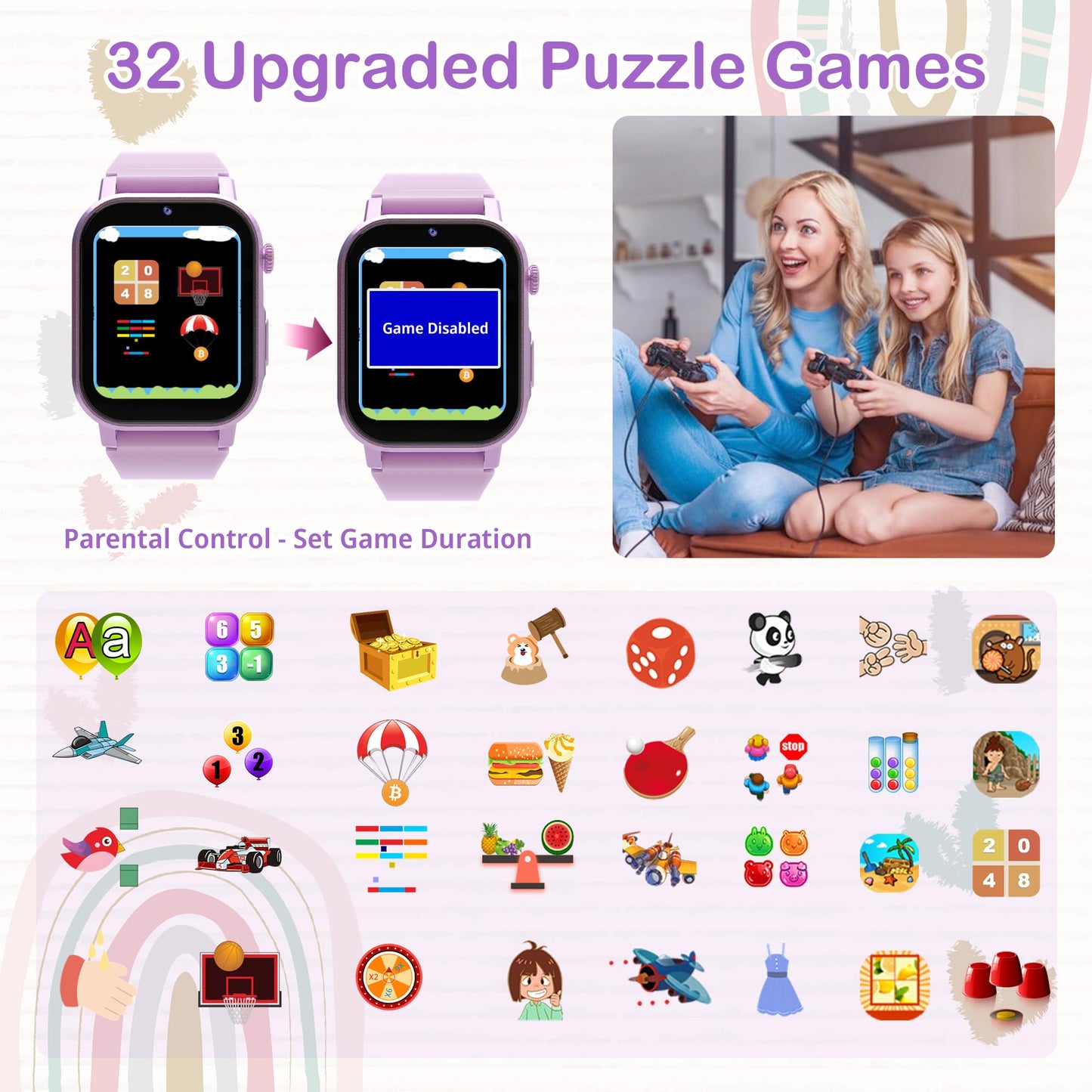 AIWIEP Kids Smart Watch for Girls 5-12 | 32 Games, Camera, Pedometer