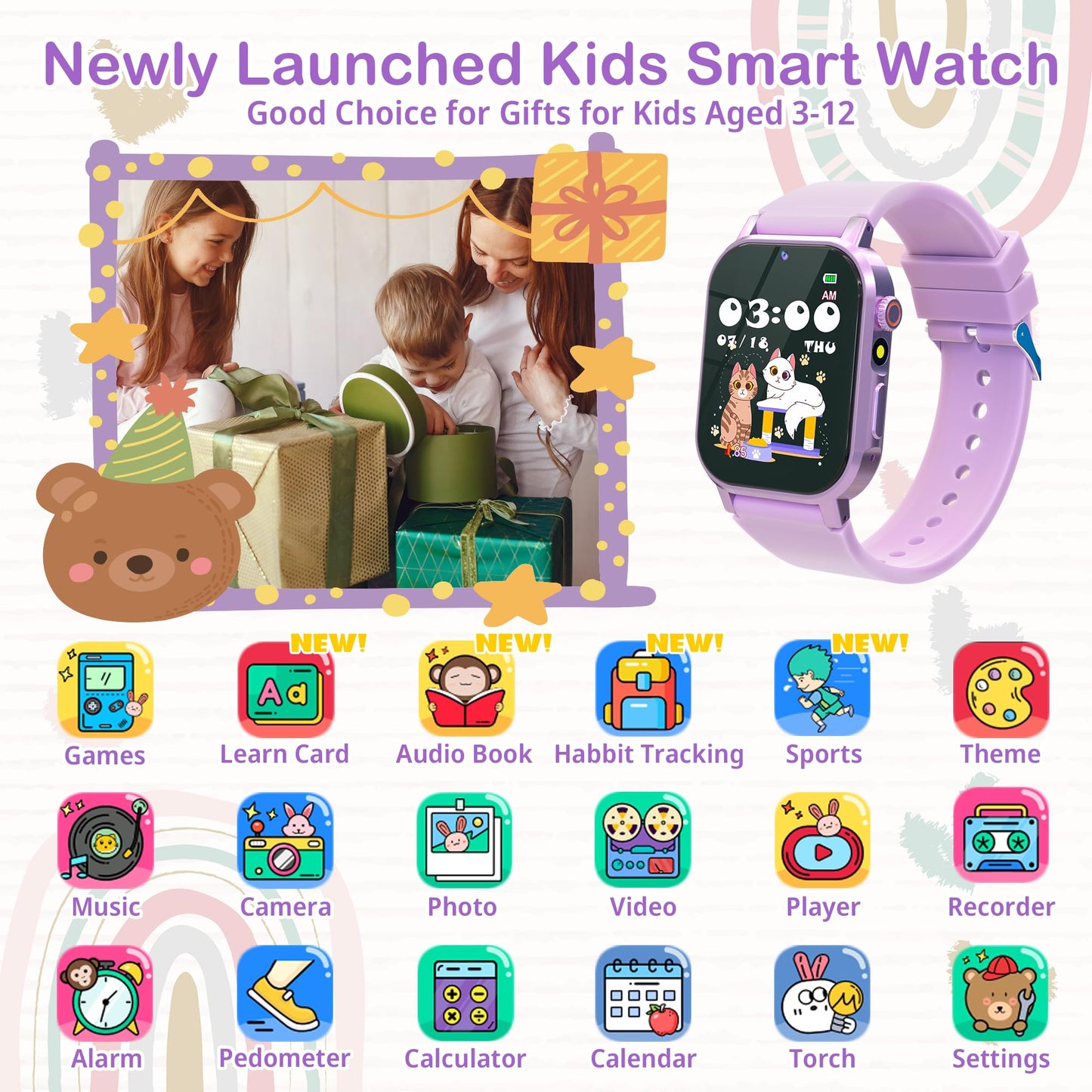 AIWIEP Kids Smart Watch for Girls 5-12 | 32 Games, Camera, Pedometer