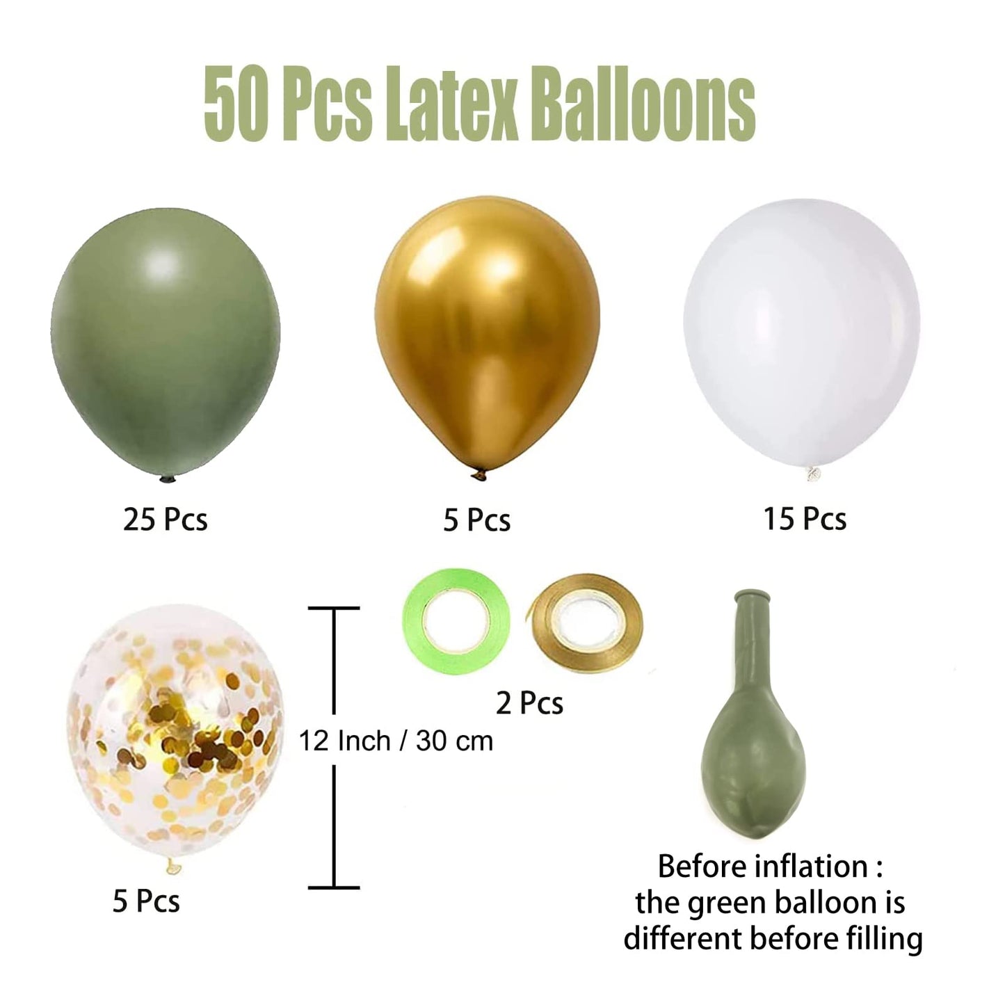 Aiwolf Sage Green & Gold Confetti Balloons – 50Pcs Party Decor