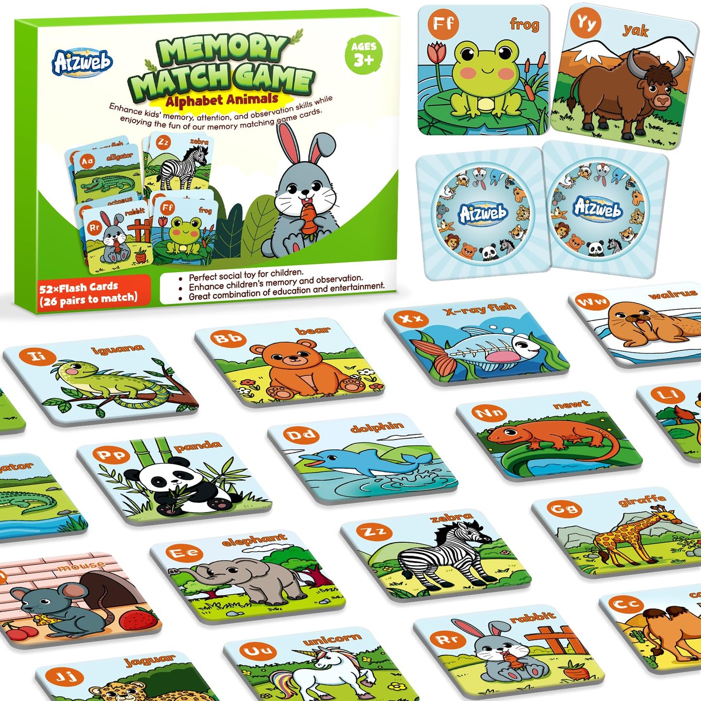 Aizweb Alphabet Match Game – 52 ABC Memory Cards for Toddlers & Preschools