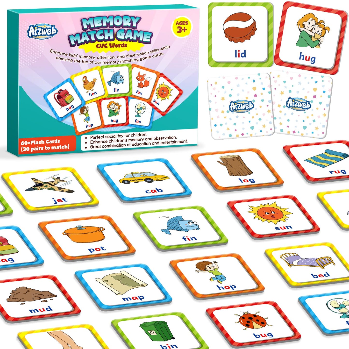 Aizweb CVC Word Match Game — 60-Piece Toddler Card Set for Early Literacy (Ages 3-6)