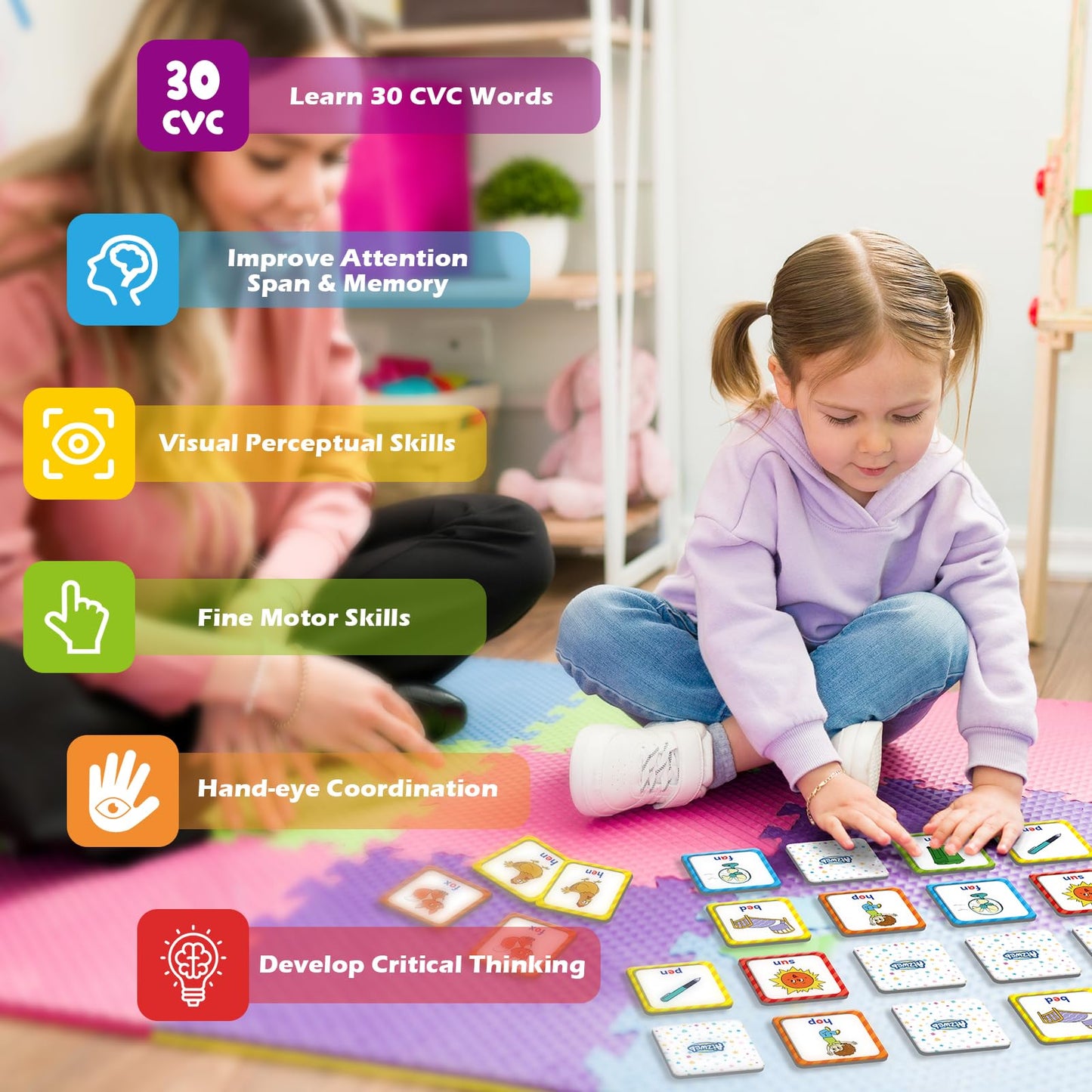 Aizweb CVC Word Match Game — 60-Piece Toddler Card Set for Early Literacy (Ages 3-6)