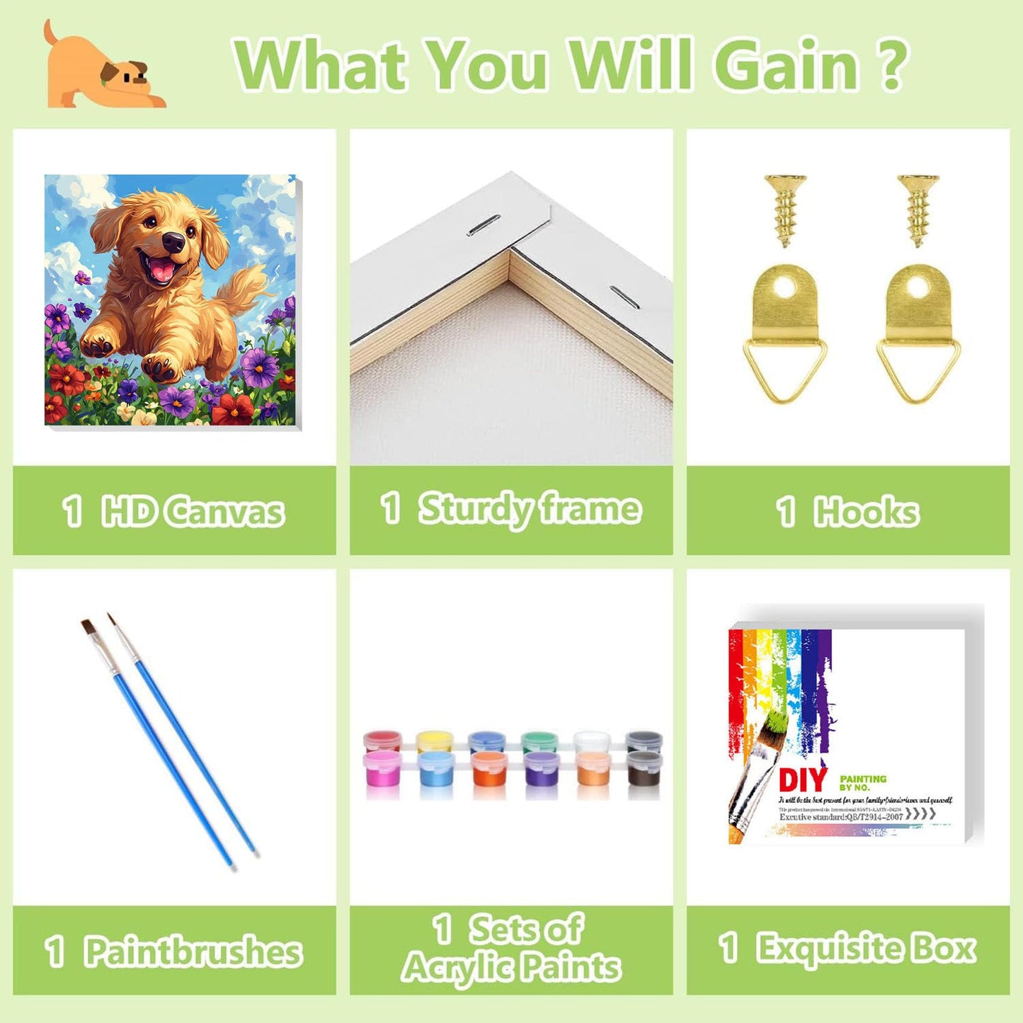 ajepon Dog Paint by Numbers Kit with Frame – 8x8in for Kids Ages 8-12