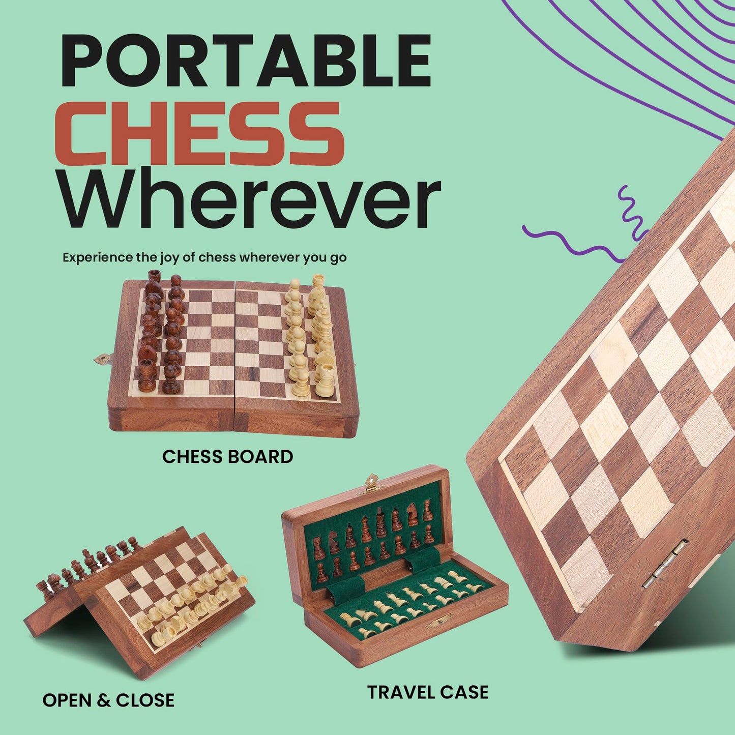 Ajuny Magnetic Travel Chess Set – Handcrafted Acacia Wood, Foldable Board with Elegant Storage