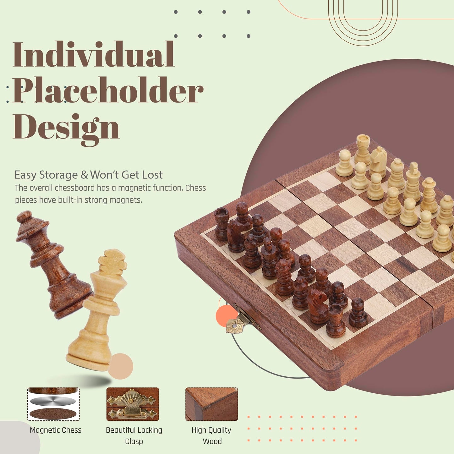 Ajuny Magnetic Travel Chess Set – Handcrafted Acacia Wood, Foldable Board with Elegant Storage