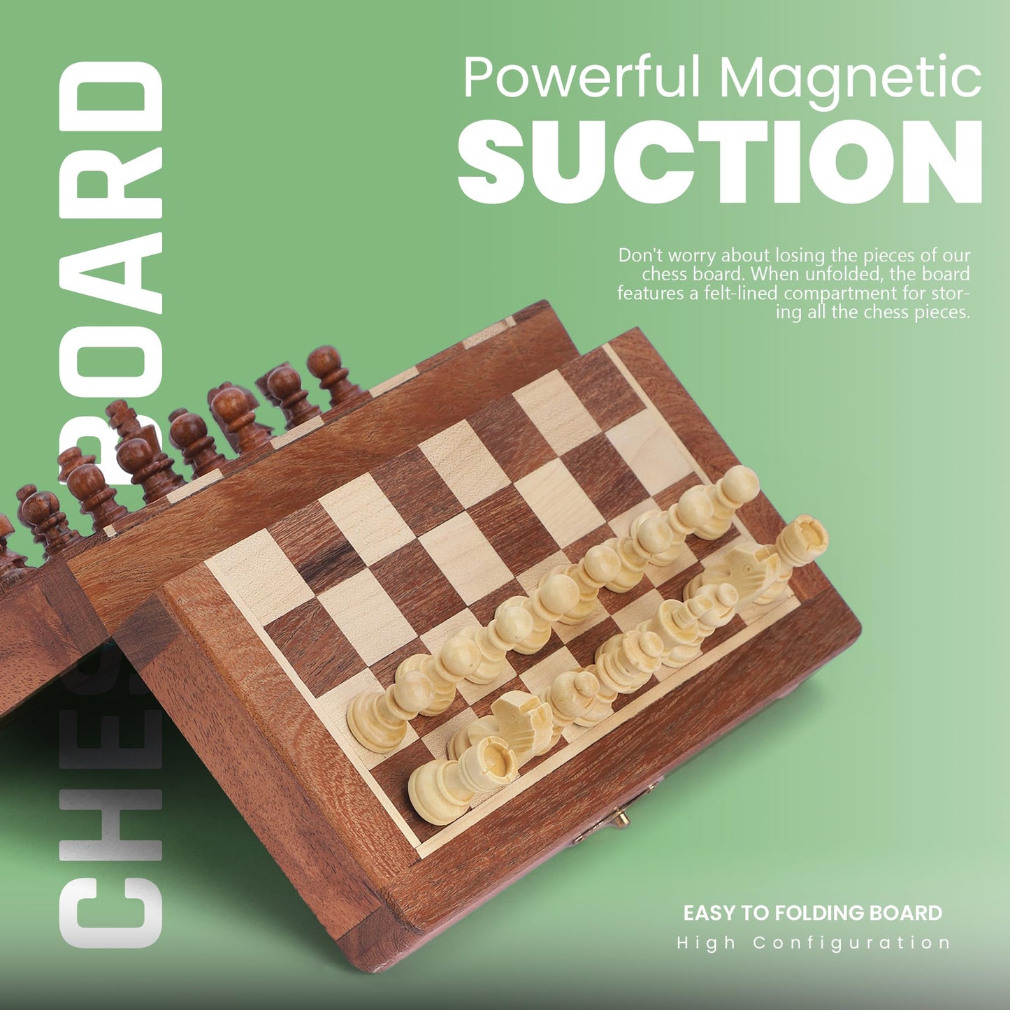 Ajuny Magnetic Travel Chess Set – Handcrafted Acacia Wood, Foldable Board with Elegant Storage