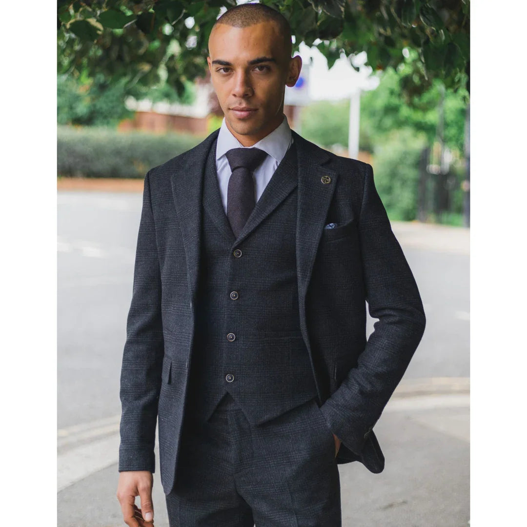 AK-11 - Men's Black Tweed 3 Piece Suit Check 1920s Gatsby Blinders
