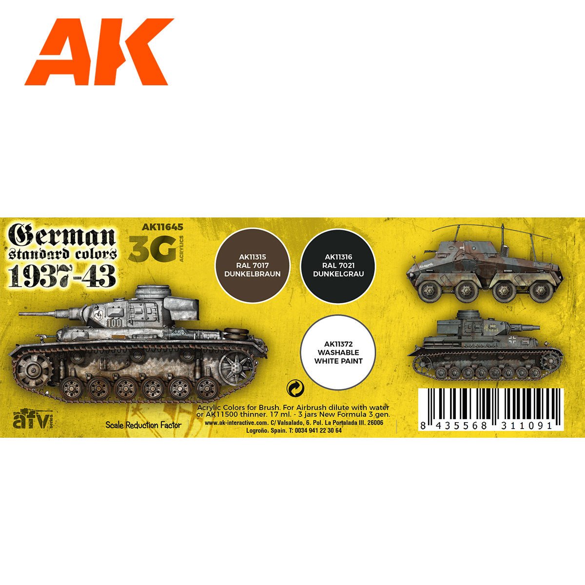 AK Interactive 3rd Gen AFV Paint Set - German Standard Colors 1937-44 (AK11645)