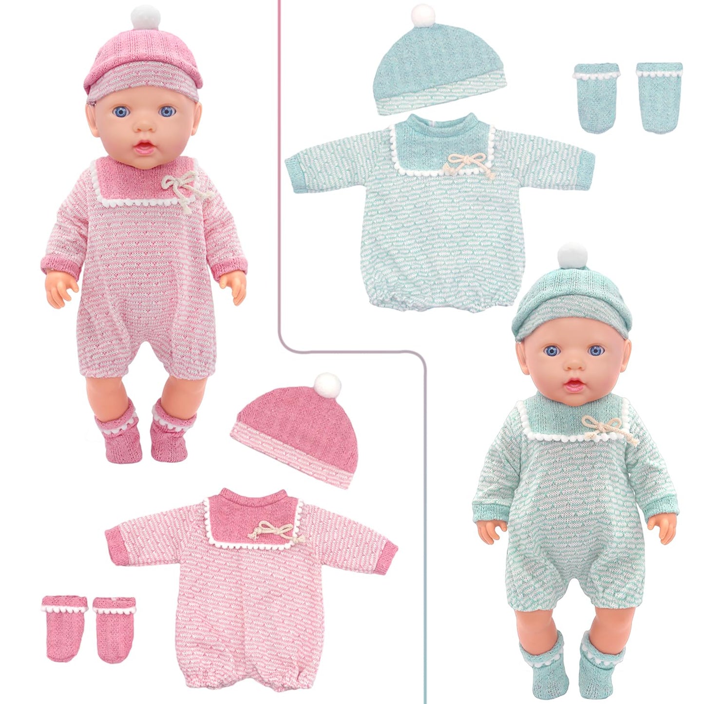 AK KYC 4 Sets Baby Doll Clothes for 14-18 Inch Dolls – 8pc Outfit Set (Jumpsuits, Dresses, Hats, Socks)