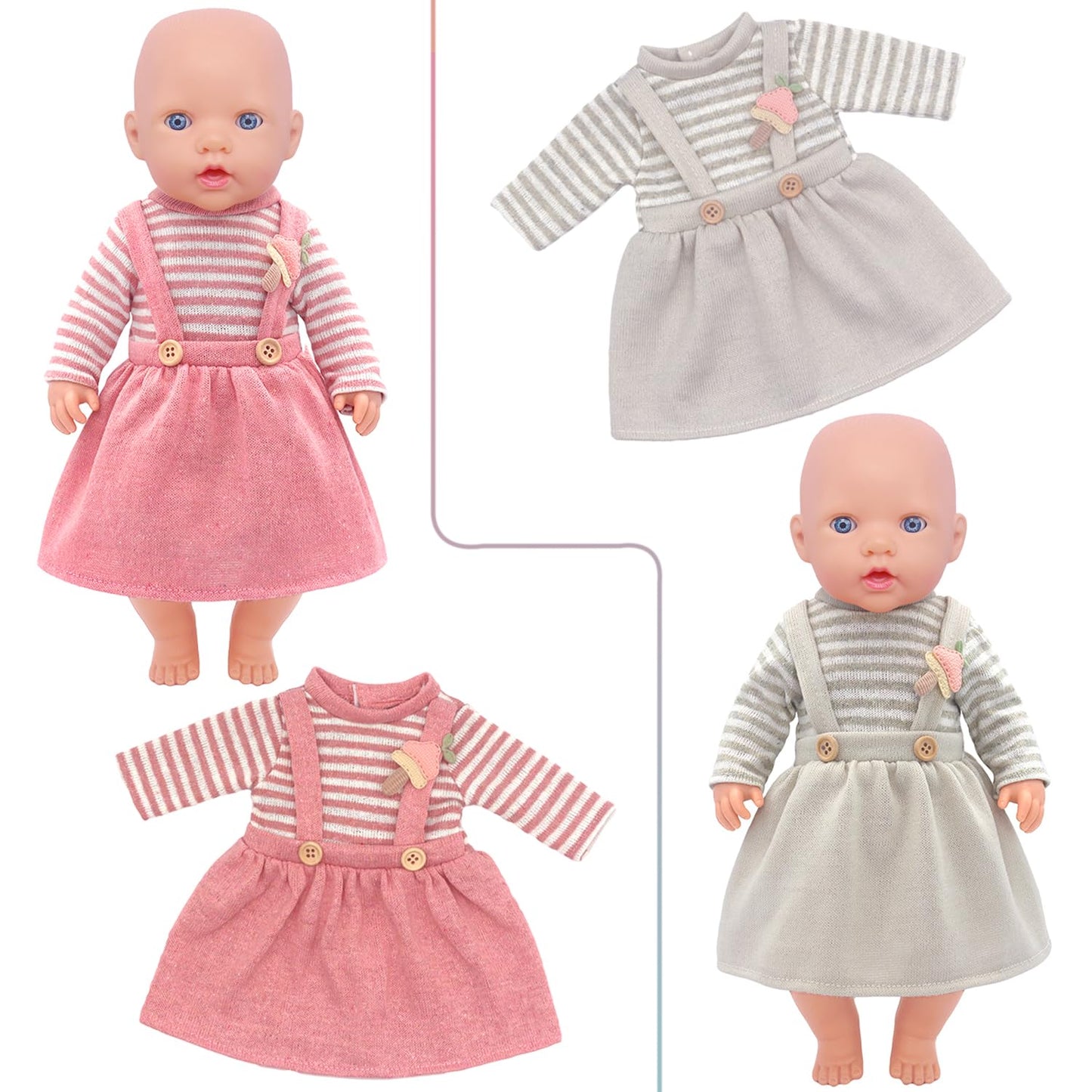 AK KYC 4 Sets Baby Doll Clothes for 14-18 Inch Dolls – 8pc Outfit Set (Jumpsuits, Dresses, Hats, Socks)