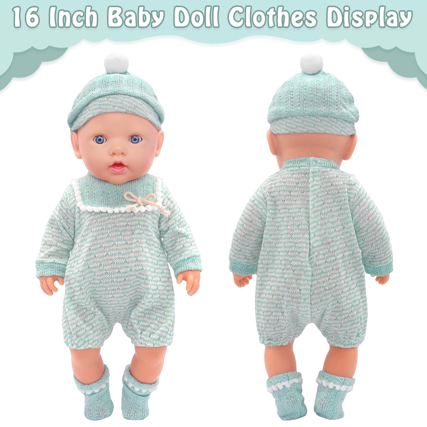 AK KYC 4 Sets Baby Doll Clothes for 14-18 Inch Dolls – 8pc Outfit Set (Jumpsuits, Dresses, Hats, Socks)